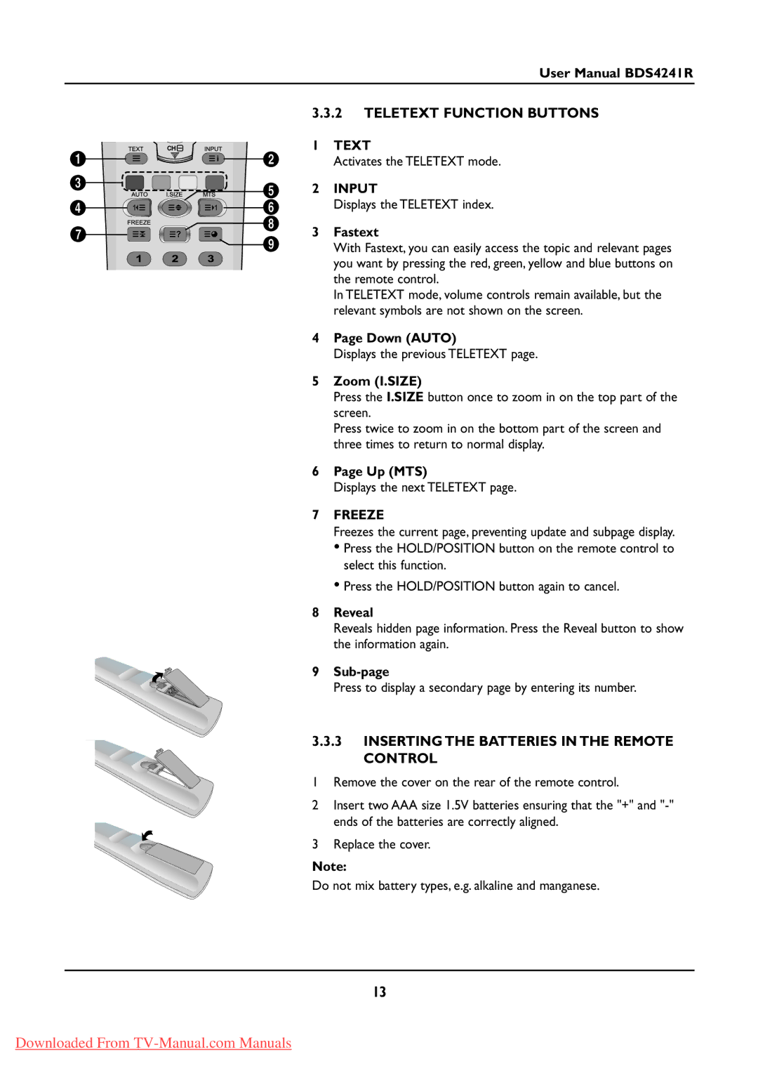 Philips BDS424IR manual Teletext Function Buttons, Inserting the Batteries in the Remote Control, Text 