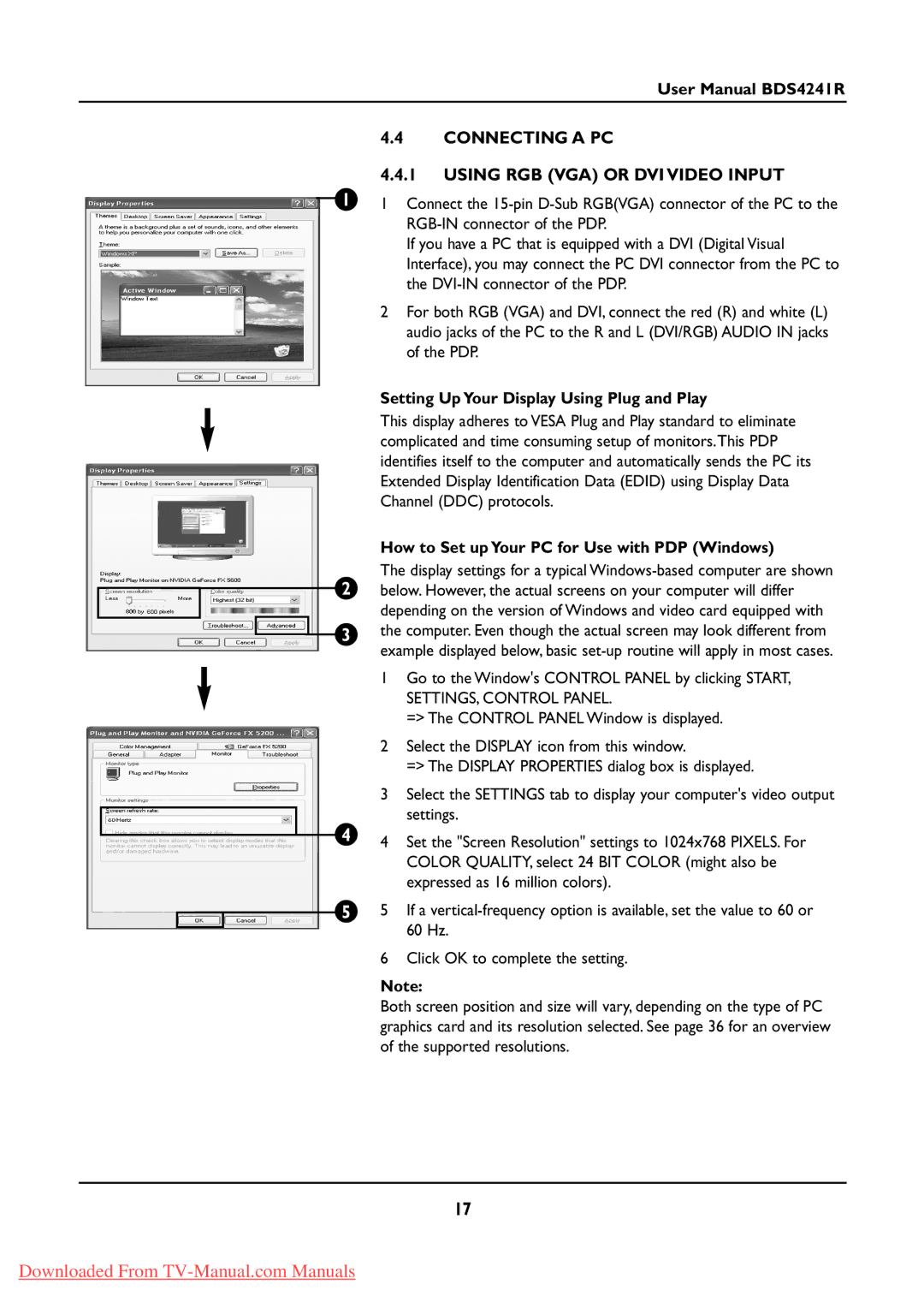 Philips BDS424IR manual Connecting a PC Using RGB VGA or DVI Video Input, Setting Up Your Display Using Plug and Play 