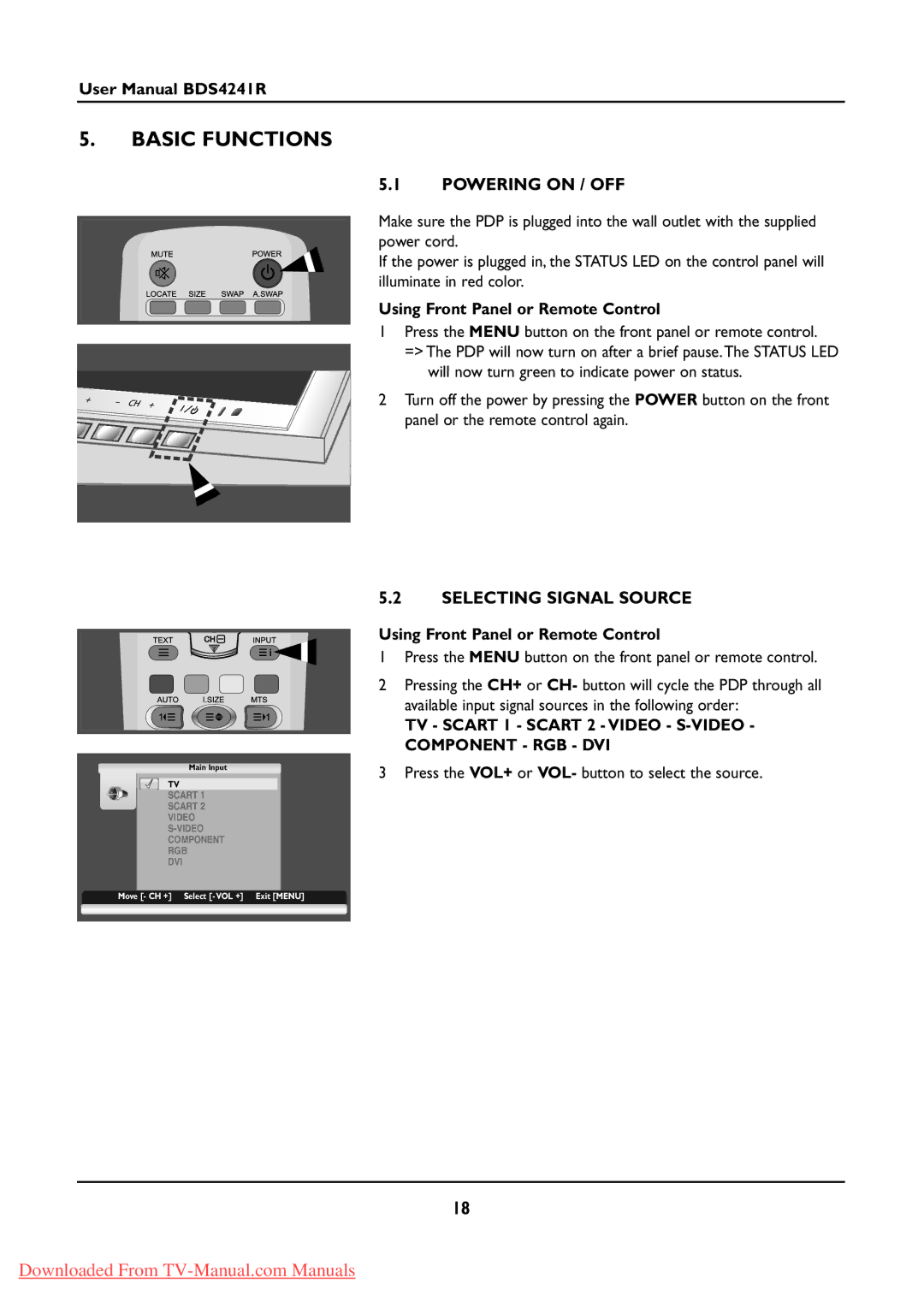 Philips BDS424IR manual Basic Functions, Powering on / OFF, Selecting Signal Source, Using Front Panel or Remote Control 