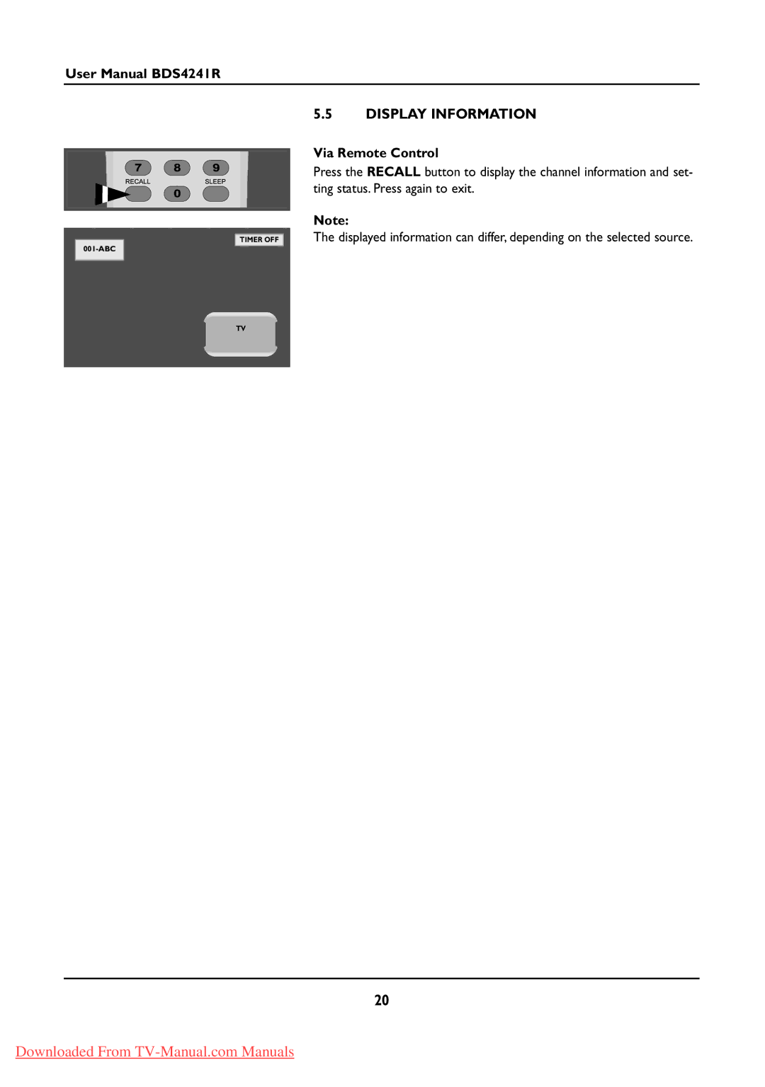 Philips BDS424IR manual Display Information, Via Remote Control 