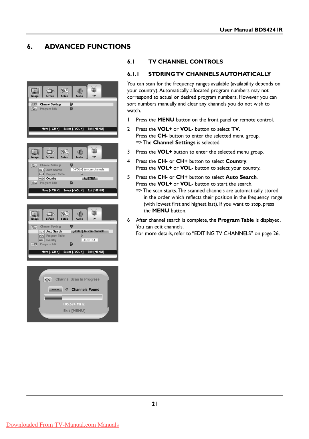 Philips BDS424IR manual Advanced Functions, TV Channel Controls Storing TV Channels Automatically 