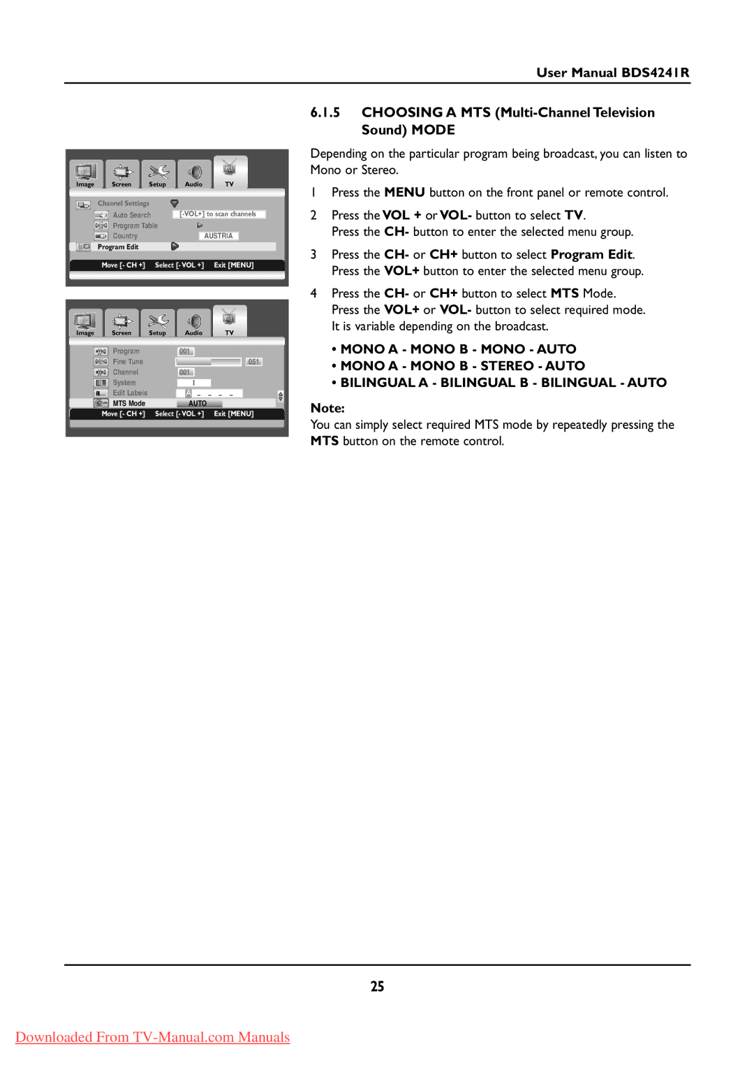 Philips BDS424IR manual Choosing a MTS Multi-Channel Television Sound Mode 