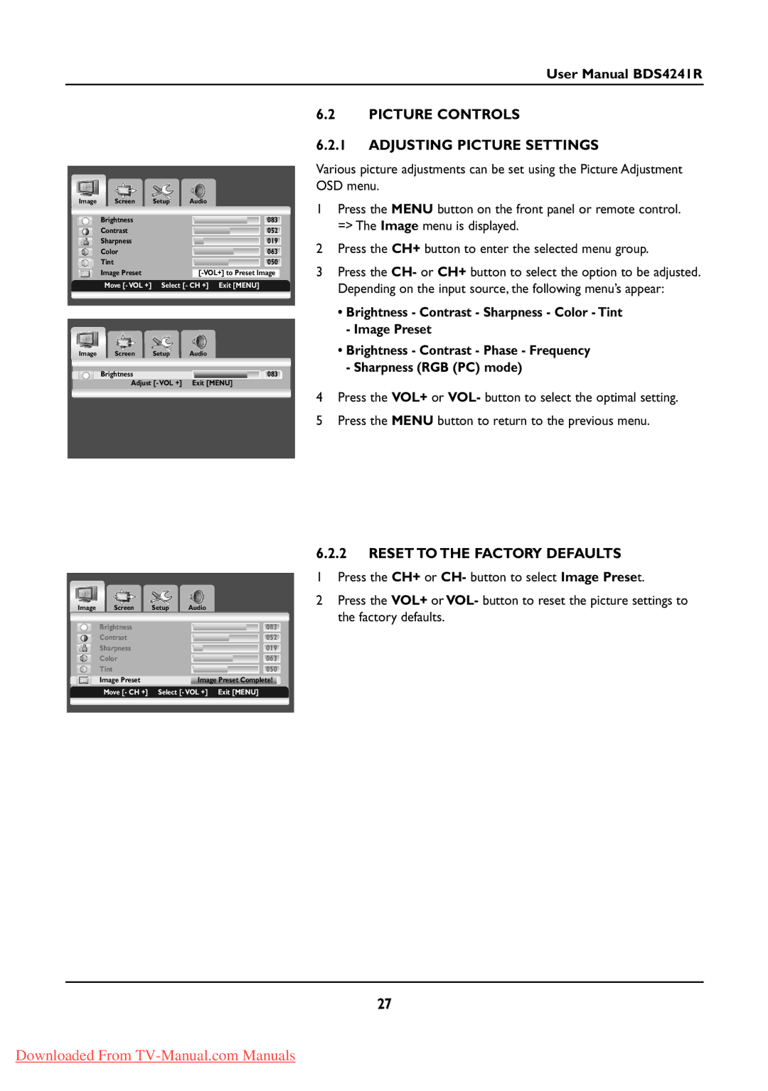 Philips BDS424IR manual Picture Controls Adjusting Picture Settings, Reset to the Factory Defaults 