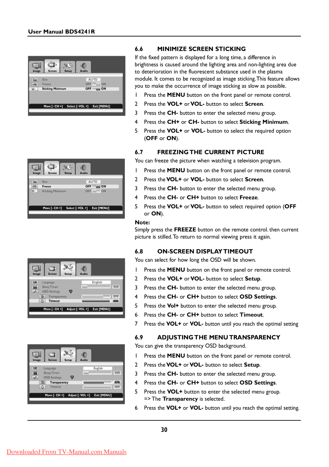 Philips BDS424IR manual Minimize Screen Sticking, Freezing the Current Picture, ON-SCREEN Display Timeout 