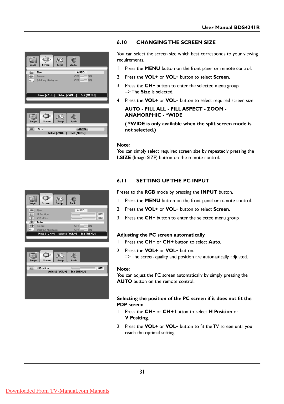 Philips BDS424IR manual Changing the Screen Size, Setting UP the PC Input, Auto Fill ALL Fill Aspect Zoom Anamorphic *WIDE 