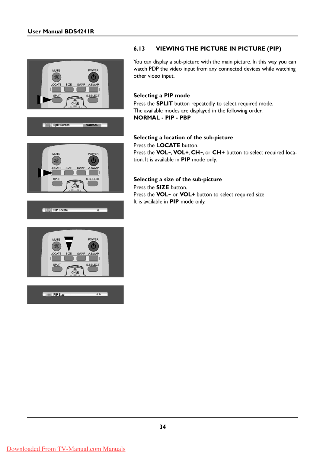 Philips BDS424IR manual Viewing the Picture in Picture PIP, Selecting a PIP mode, Normal PIP PBP 