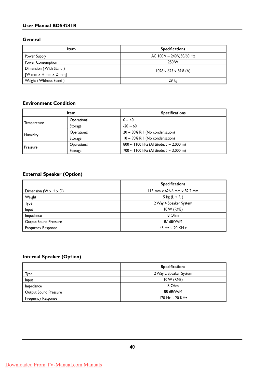 Philips BDS424IR manual General, Environment Condition, External Speaker Option, Internal Speaker Option 