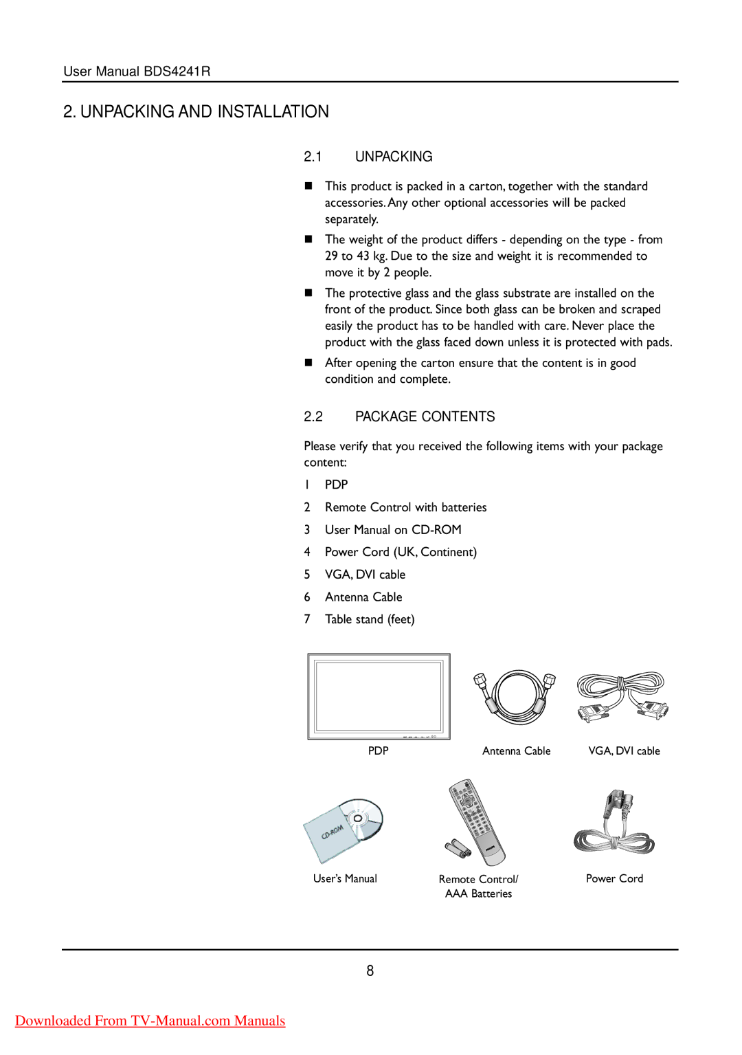 Philips BDS424IR manual Unpacking and Installation, Package Contents 