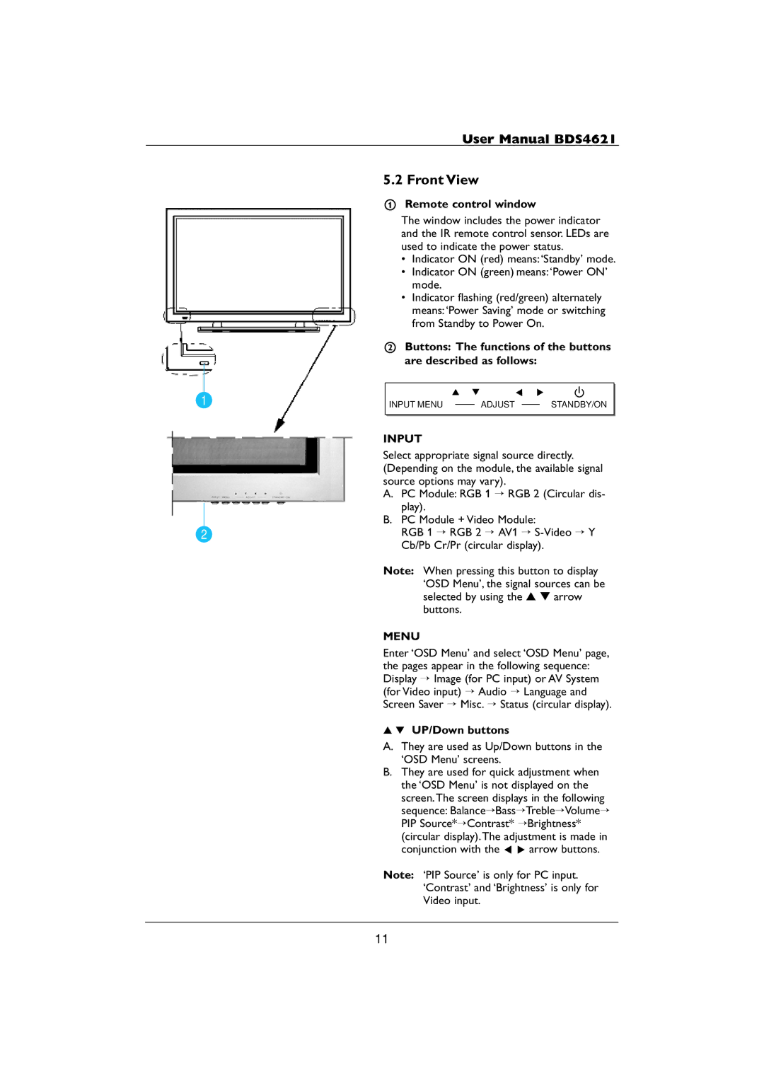 Philips BDS4621 user manual Front View, Remote control window, Input, Menu, UP/Down buttons 