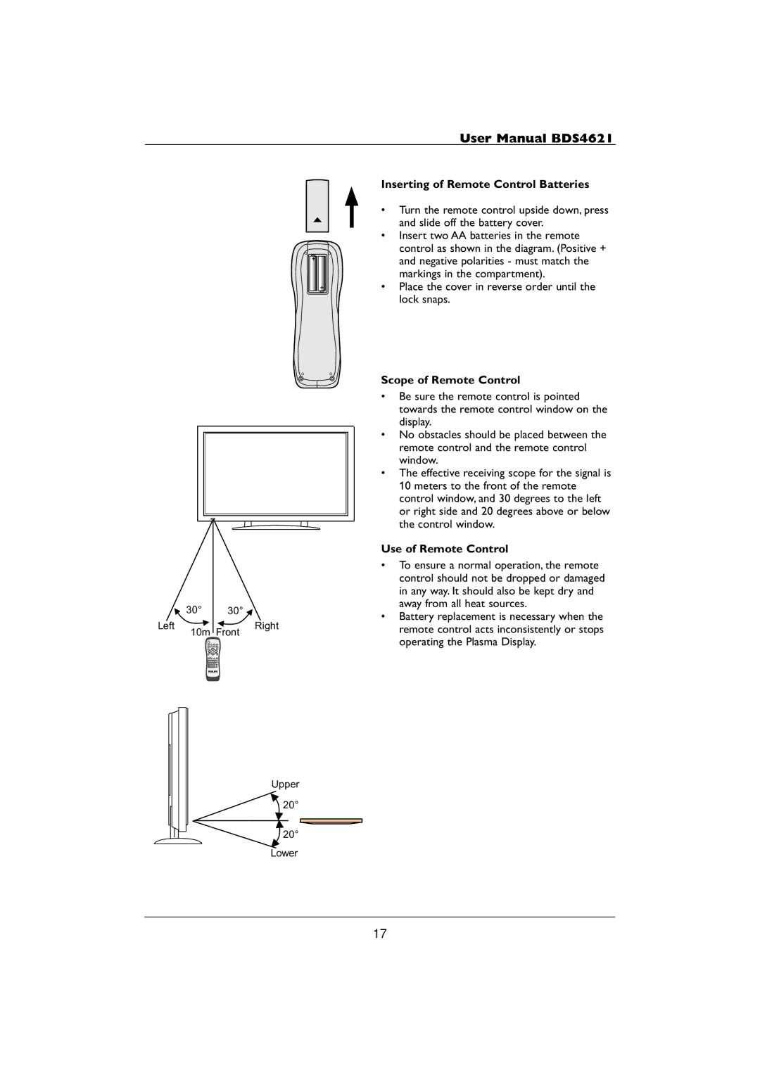 Philips BDS4621 user manual Inserting of Remote Control Batteries, Scope of Remote Control, Use of Remote Control 