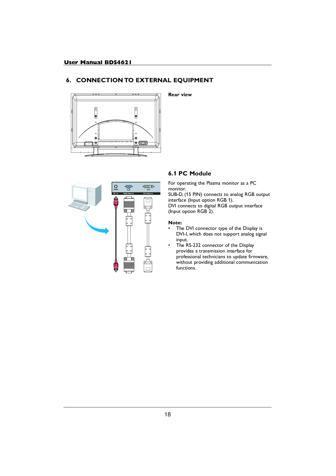 Philips BDS4621 user manual Connection to External Equipment, PC Module, Rear view 