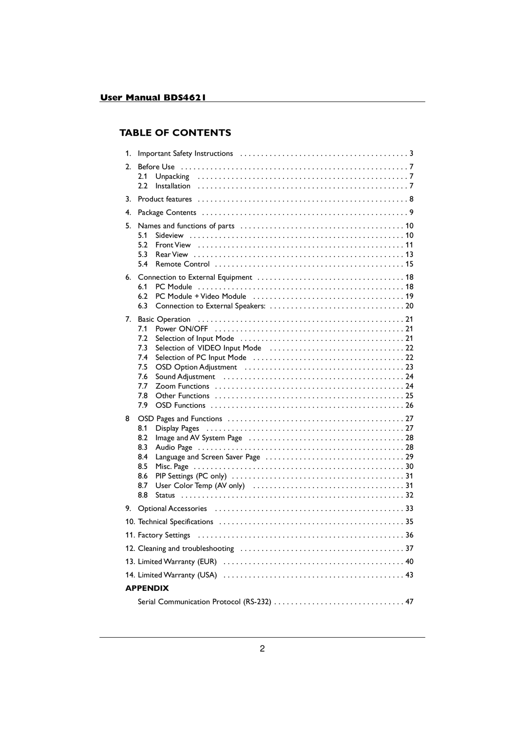 Philips BDS4621 user manual Table of Contents 