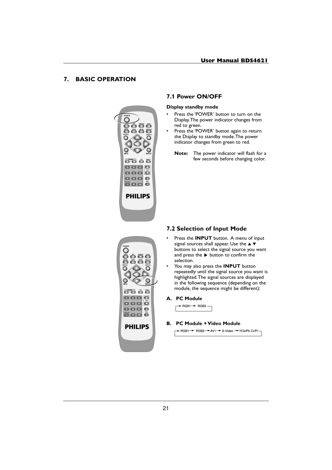 Philips BDS4621 user manual Basic Operation, Power ON/OFF, Selection of Input Mode, Display standby mode 