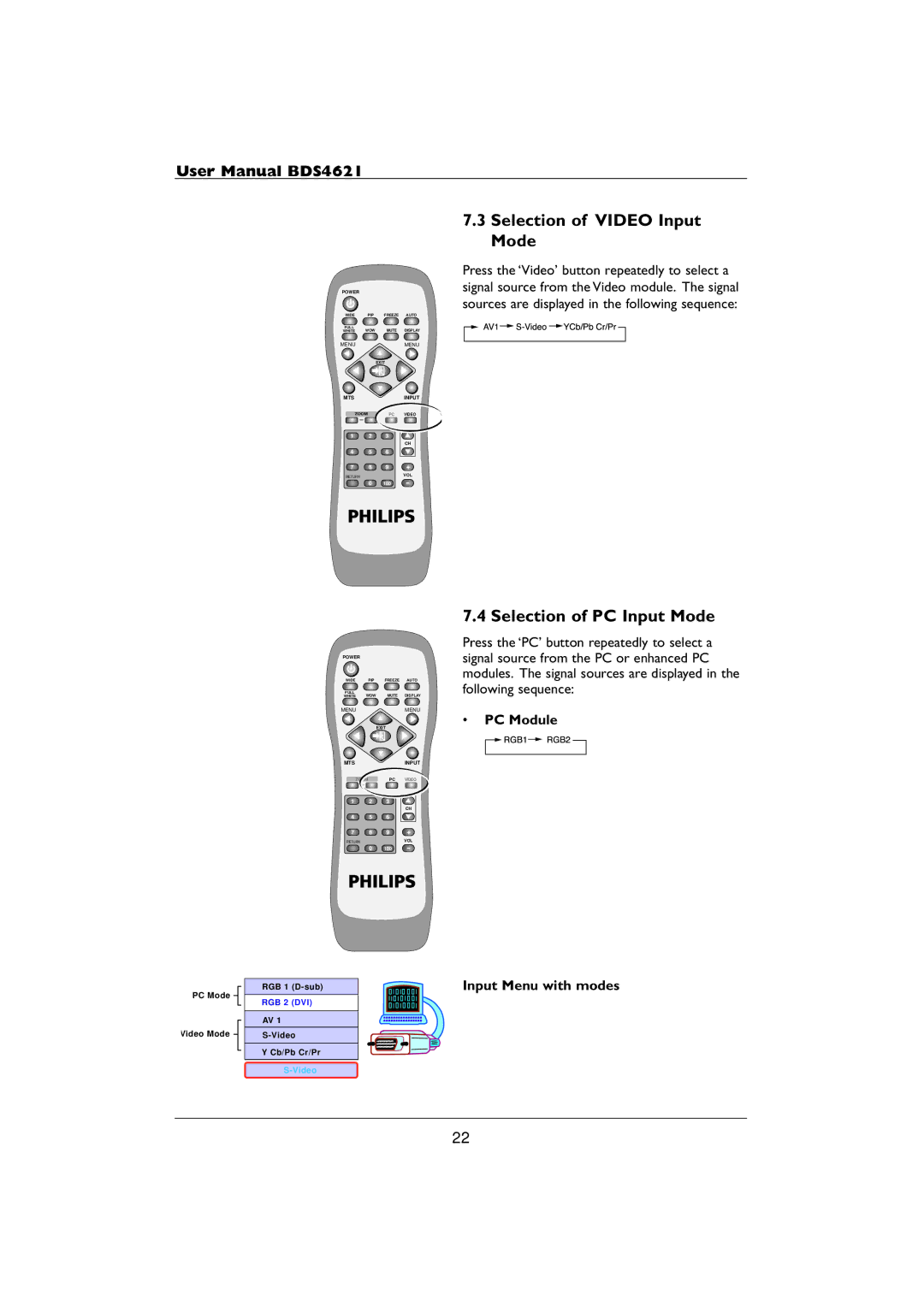 Philips BDS4621 user manual Selection of Video Input Mode, Selection of PC Input Mode, PC Module Input Menu with modes 