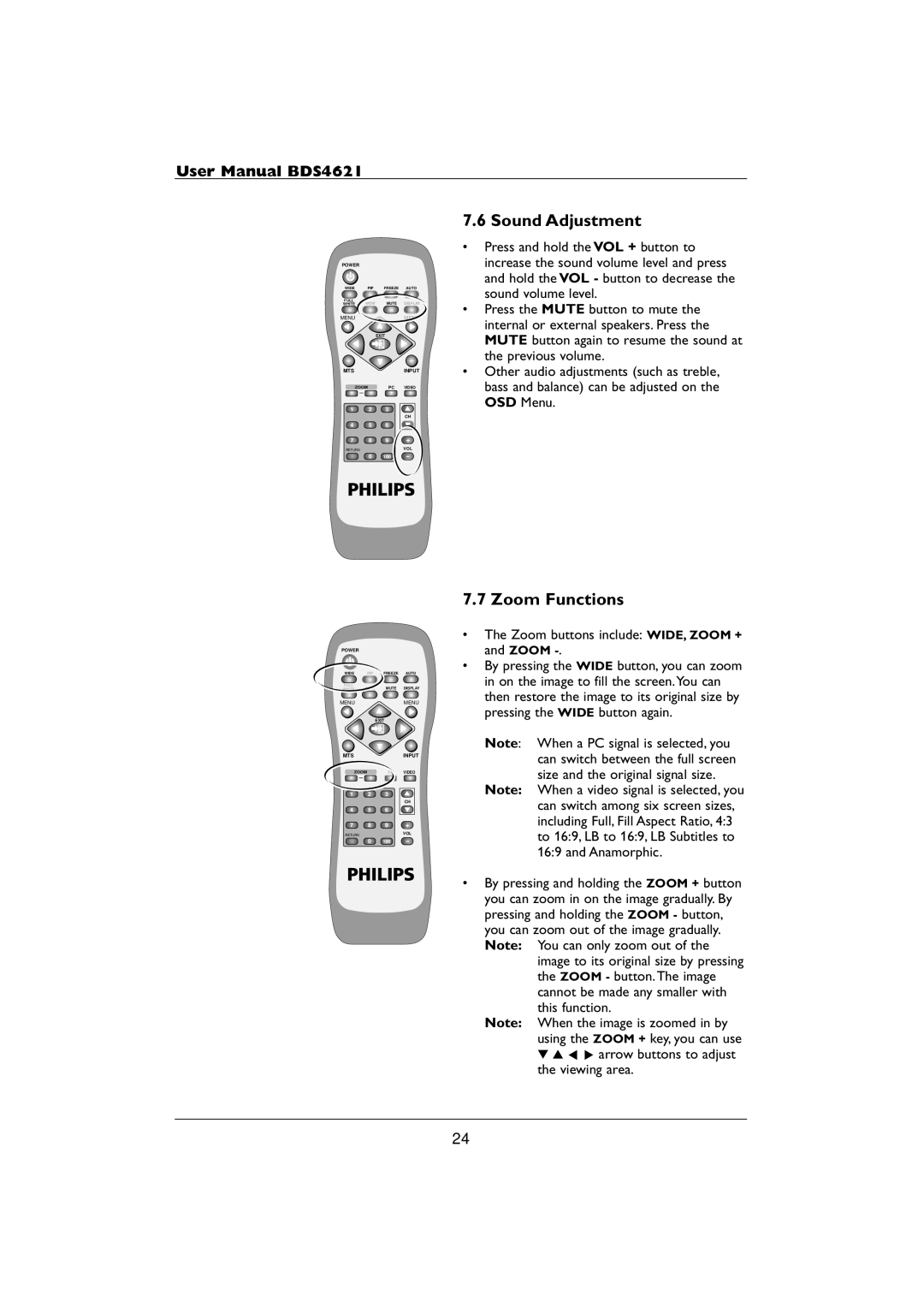 Philips BDS4621 user manual Sound Adjustment, Zoom Functions 