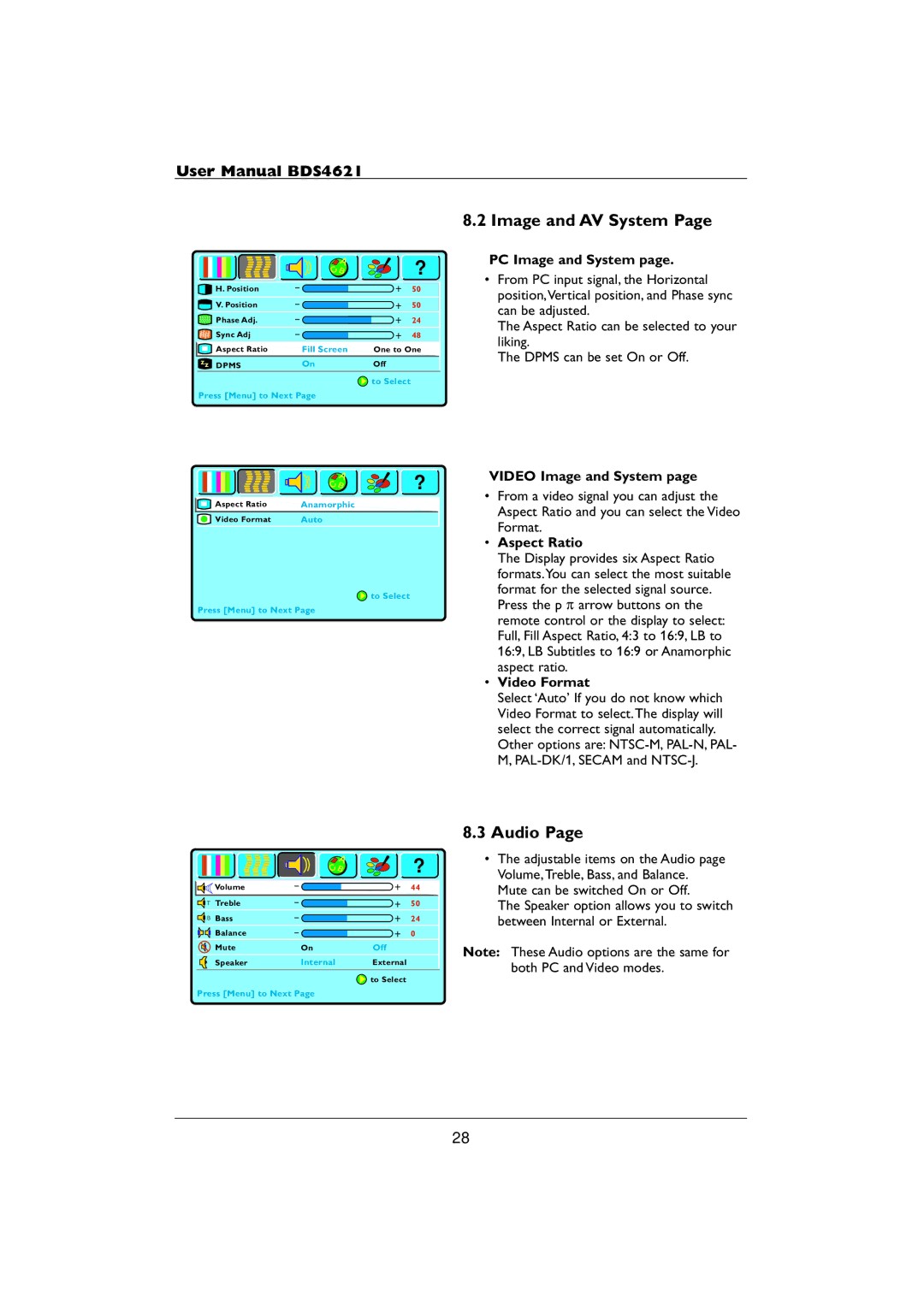 Philips BDS4621 user manual Image and AV System, Audio 