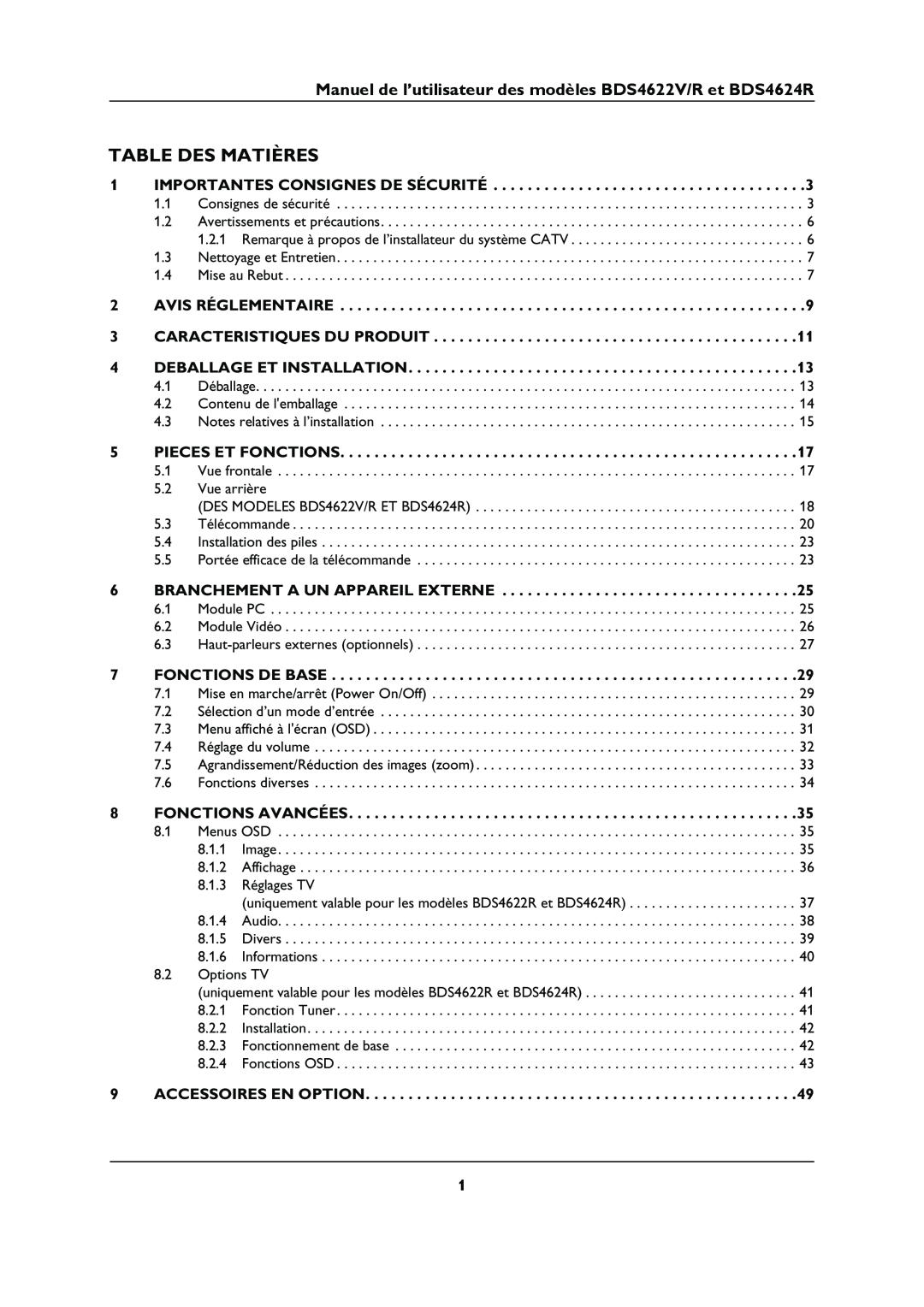 Philips manual Table Des Matières, Manuel de l’utilisateur des modèles BDS4622V/R et BDS4624R, Deballage Et Installation 