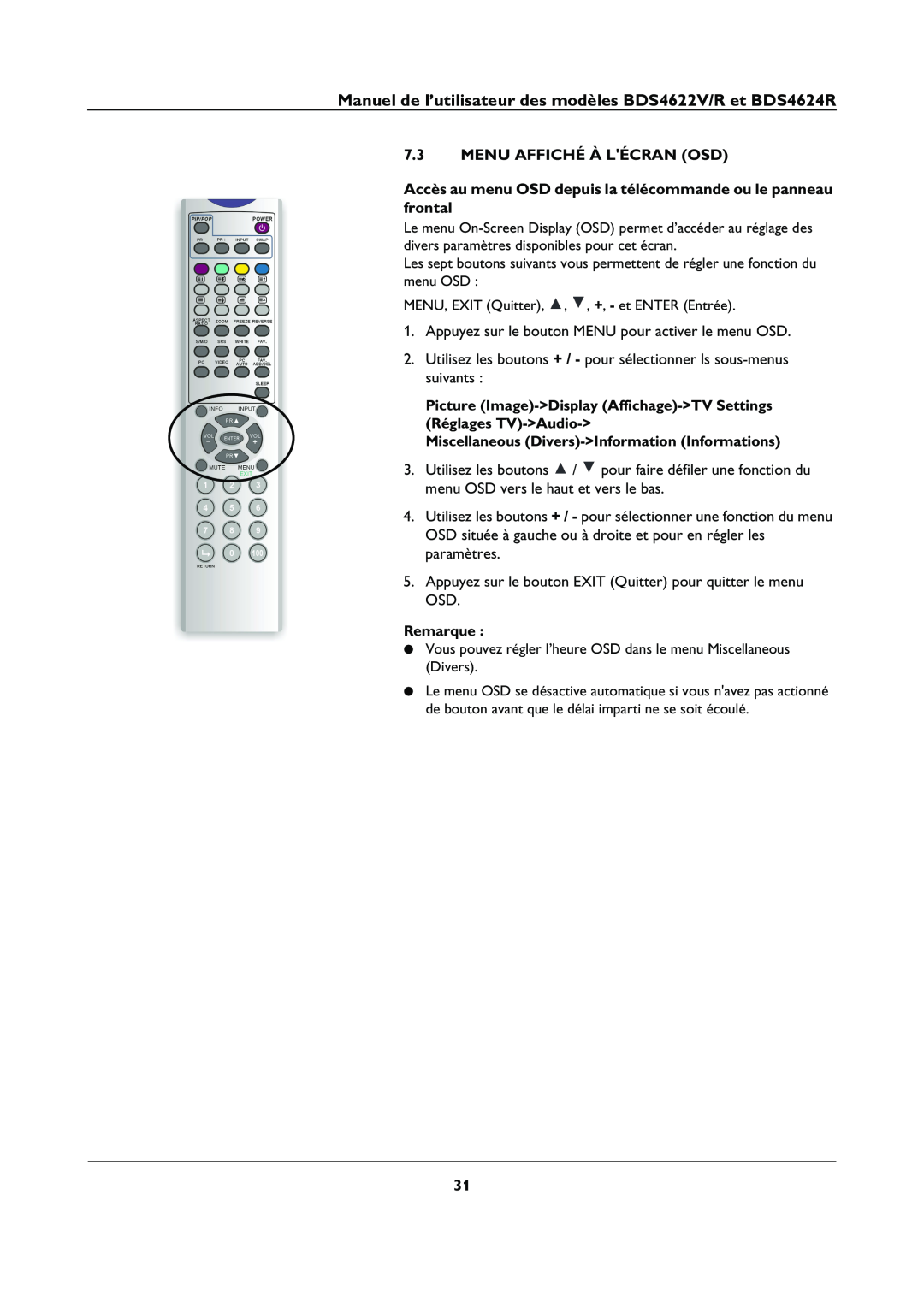 Philips BDS4622V manual Menu Affiché À Lécran Osd, Accès au menu OSD depuis la télécommande ou le panneau frontal, Remarque 