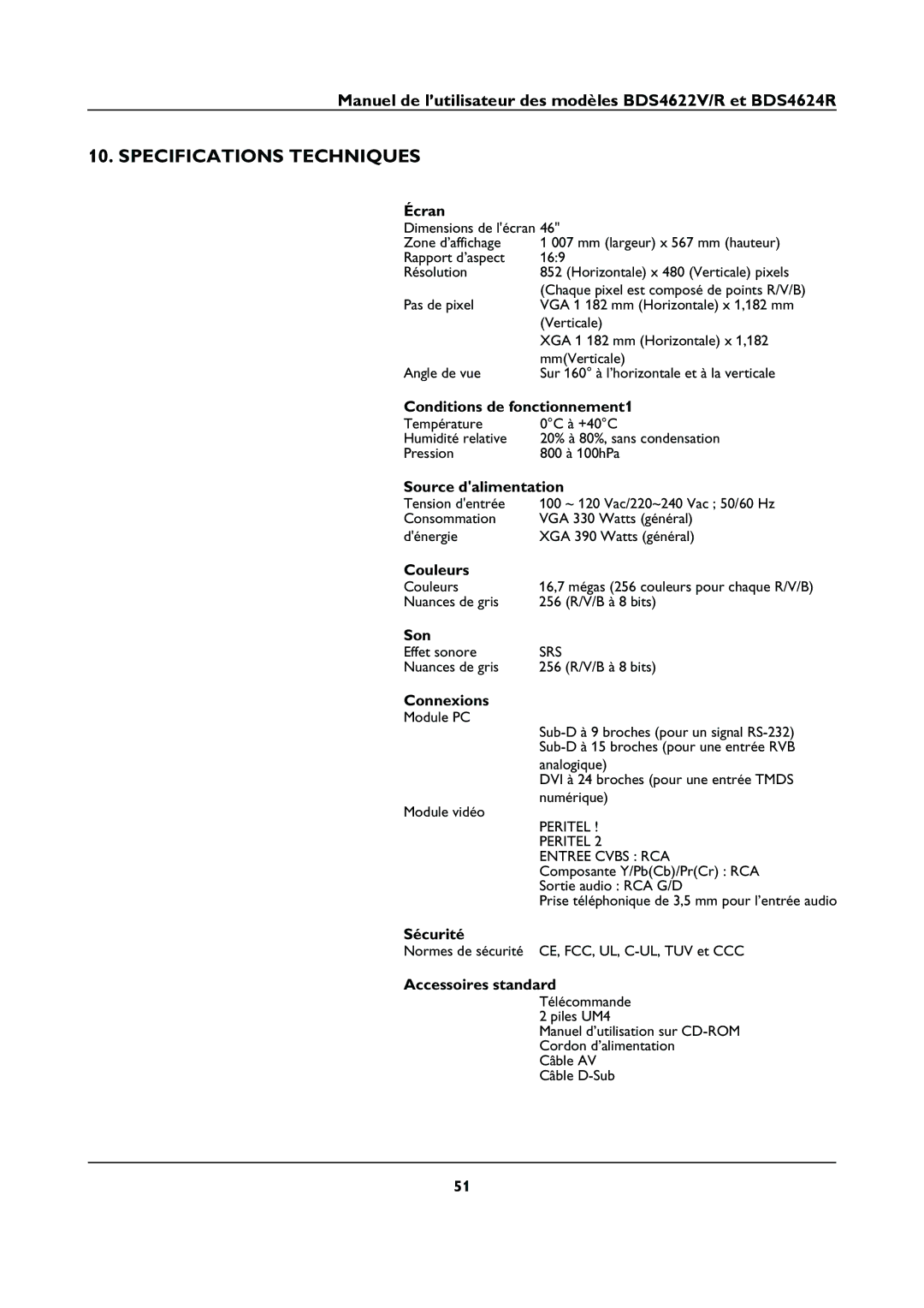 Philips BDS4622R, BDS4622V, BDS4624R manual Specifications Techniques 