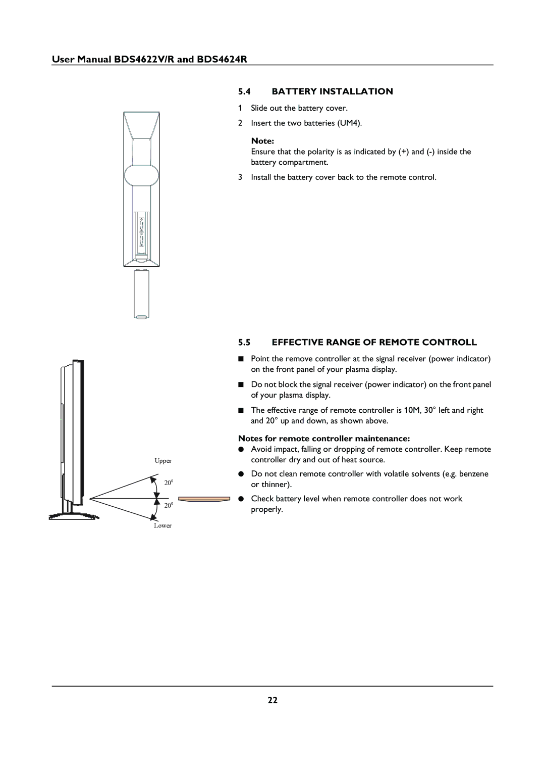 Philips BDS46622R user manual Battery Installation, Effective Range of Remote Controll 