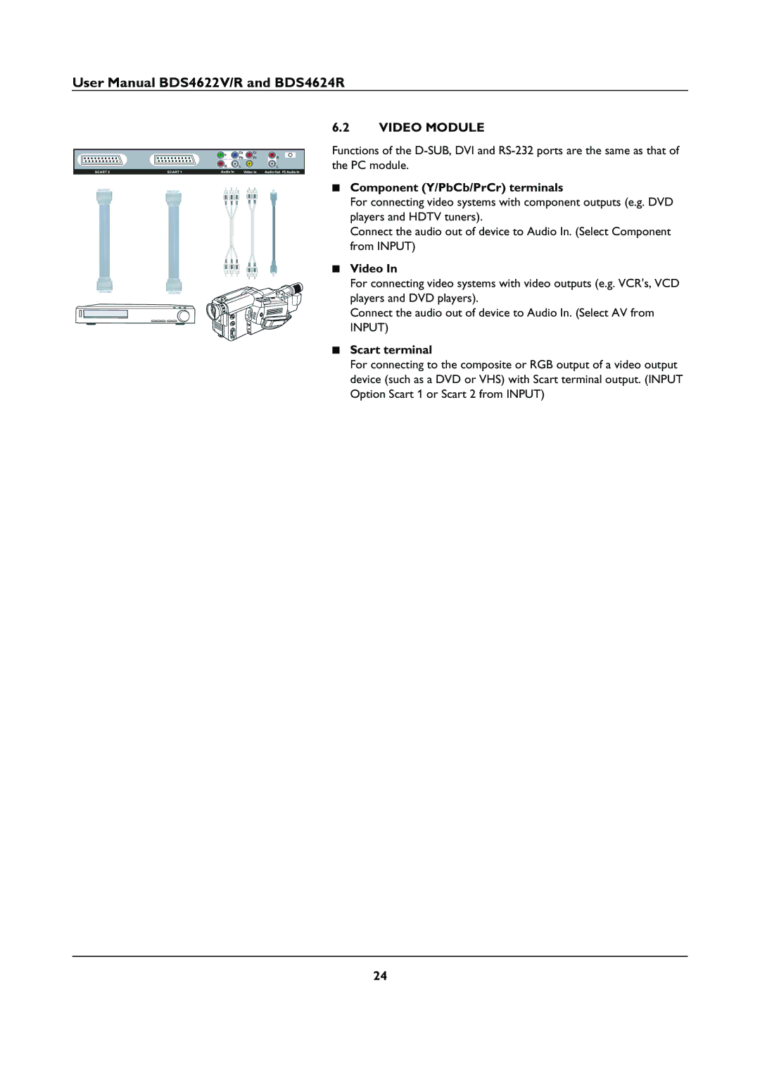 Philips BDS46622R user manual Video Module, Component Y/PbCb/PrCr terminals, Scart terminal 