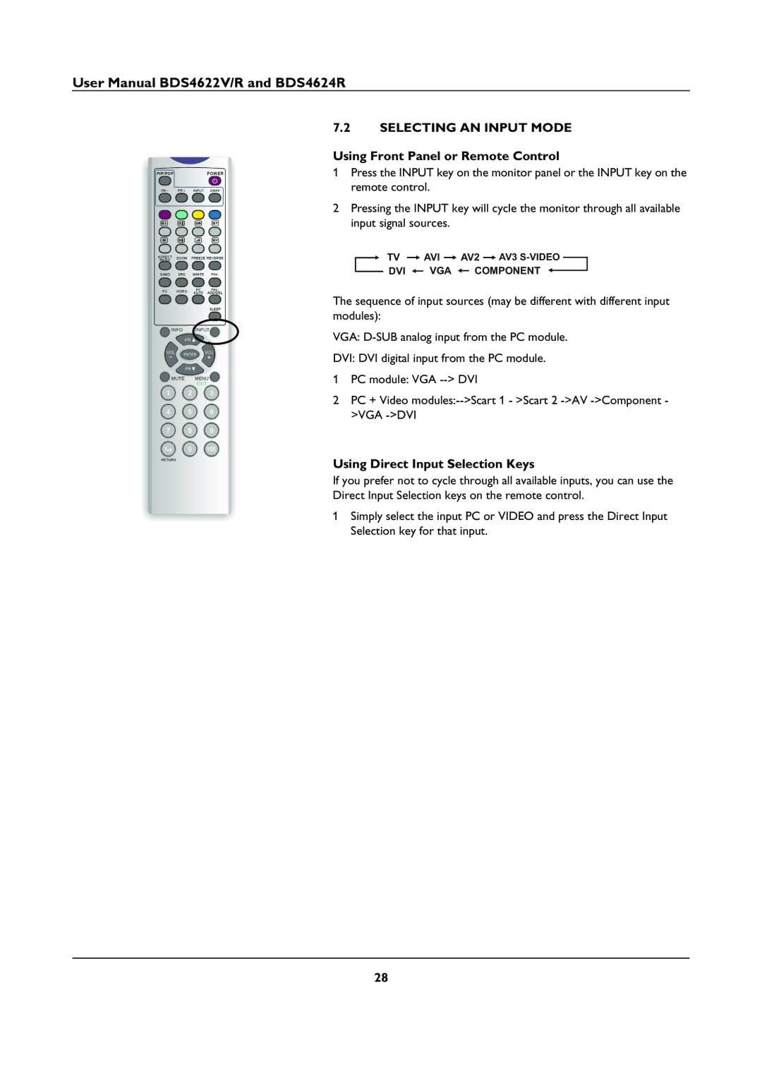 Philips BDS46622R user manual Selecting AN Input Mode, Using Direct Input Selection Keys 