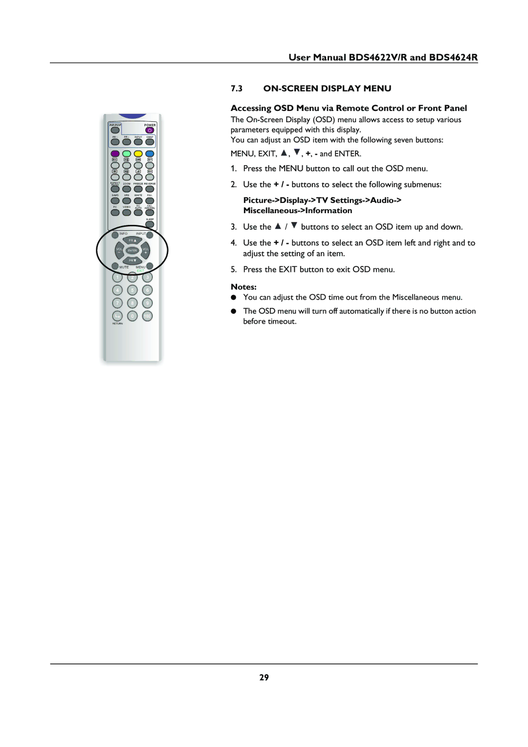 Philips BDS46622R user manual ON-SCREEN Display Menu, Accessing OSD Menu via Remote Control or Front Panel 