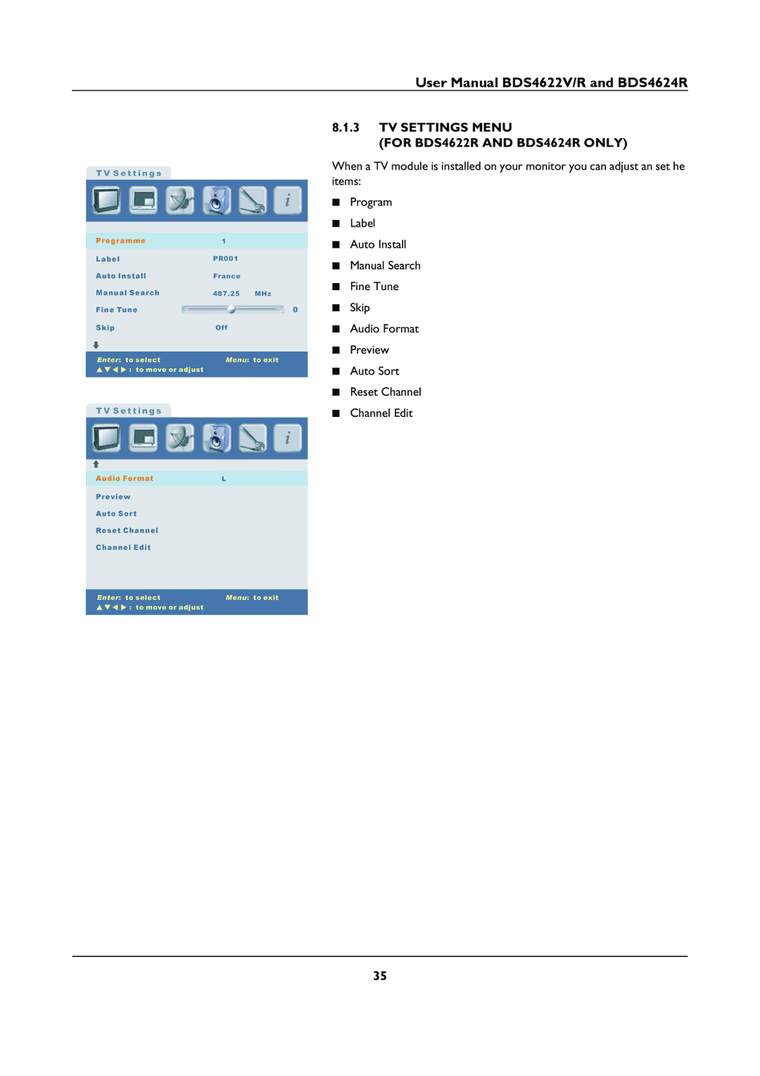 Philips BDS46622R user manual TV Settings Menu For BDS4622R and BDS4624R only 