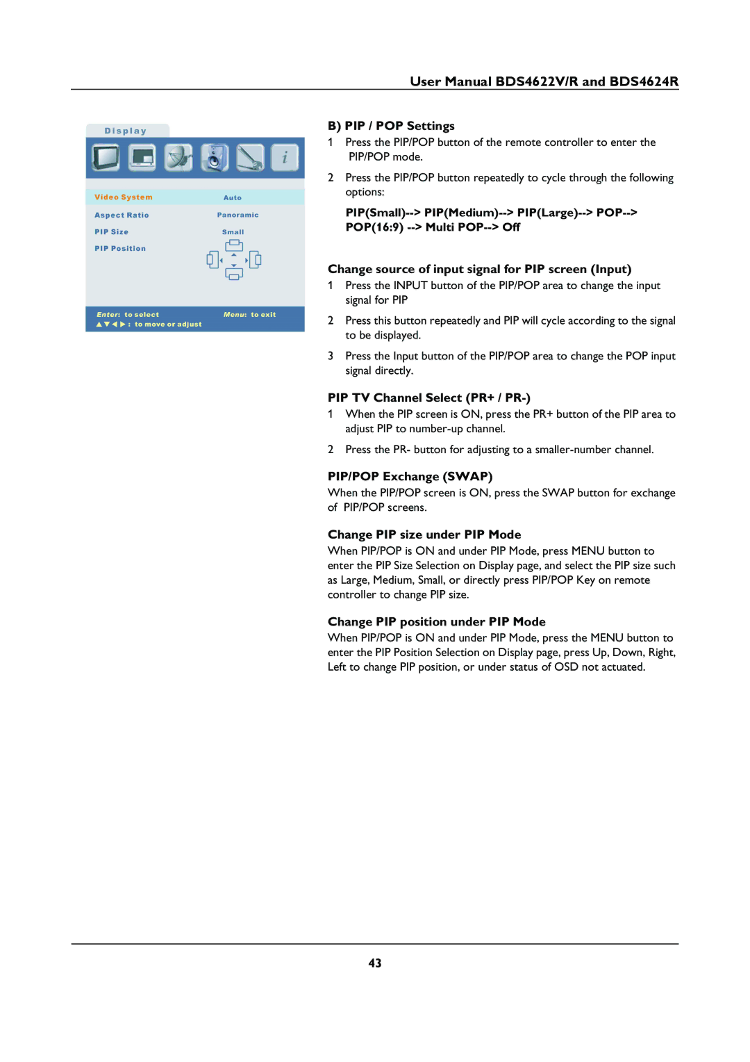 Philips BDS46622R user manual PIP / POP Settings, PIP TV Channel Select PR+ / PR, PIP/POP Exchange Swap 
