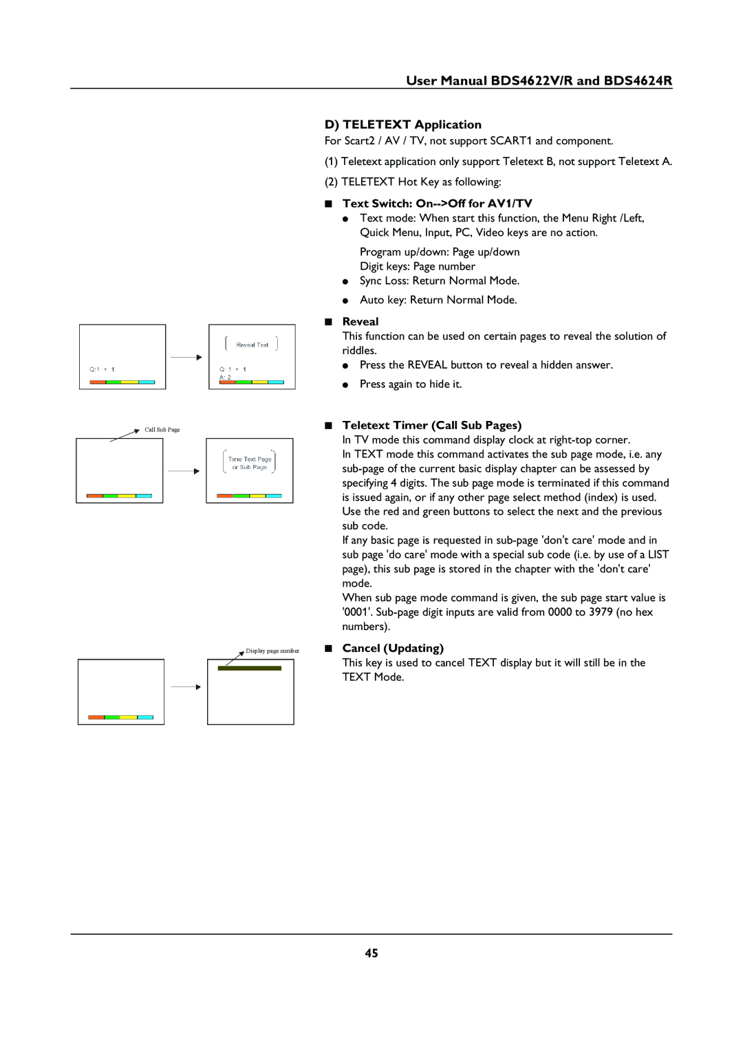 Philips BDS46622R user manual Teletext Application, Text Switch On--Off for AV1/TV, Reveal, Teletext Timer Call Sub Pages 