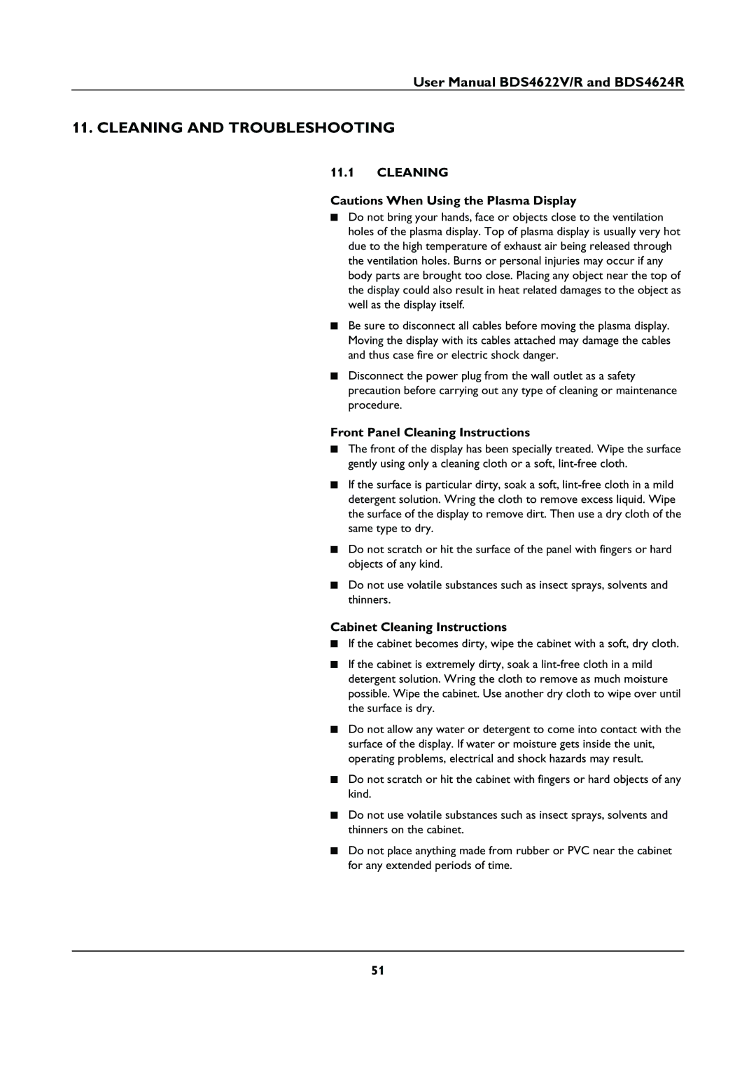 Philips BDS46622R Cleaning and Troubleshooting, Front Panel Cleaning Instructions, Cabinet Cleaning Instructions 