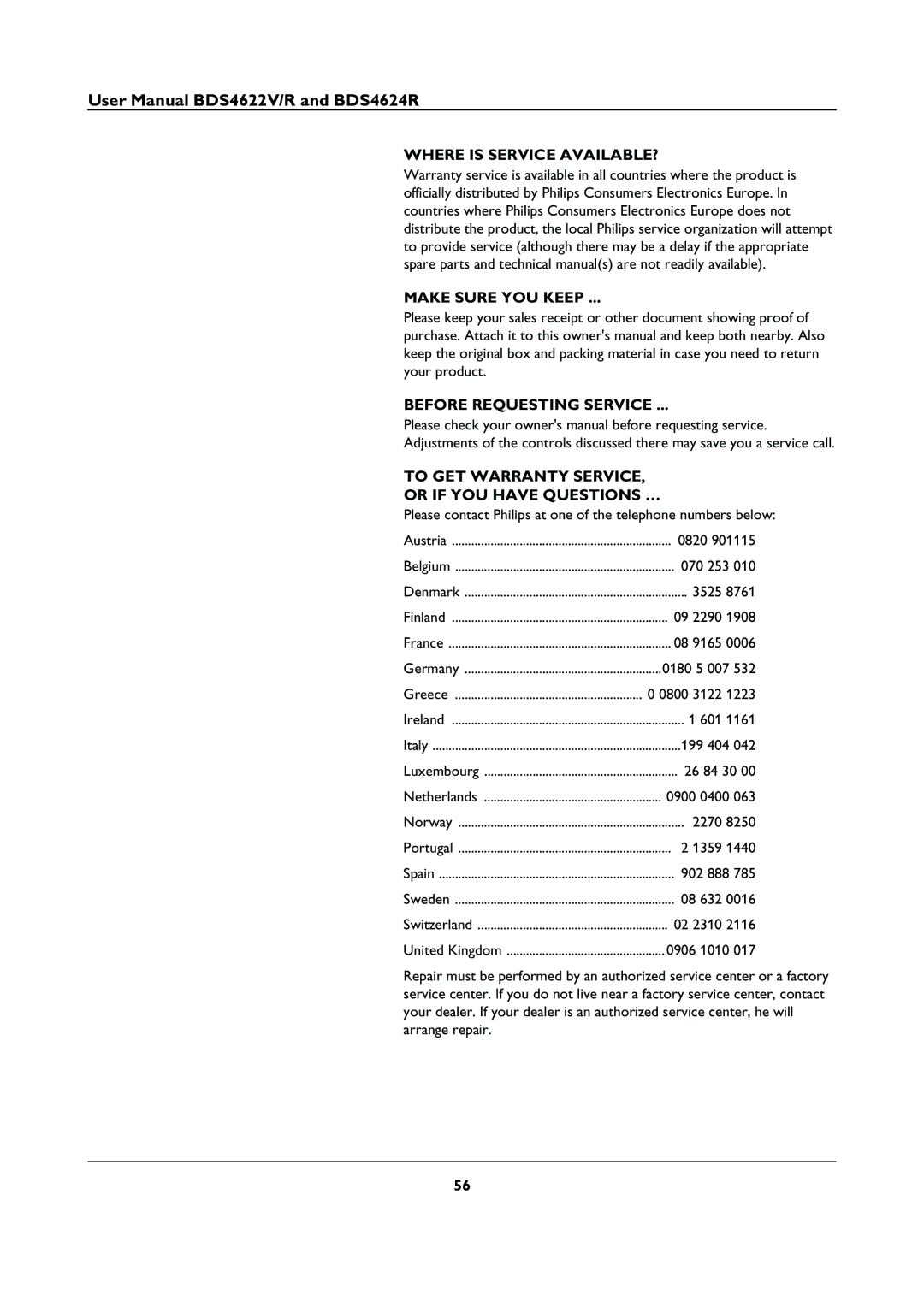 Philips BDS46622R user manual Please contact Philips at one of the telephone numbers below 