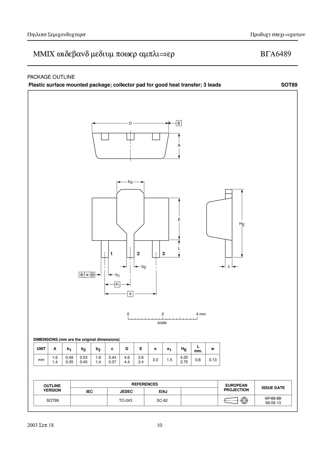 Philips BGA6489 manual Package Outline, SOT89 