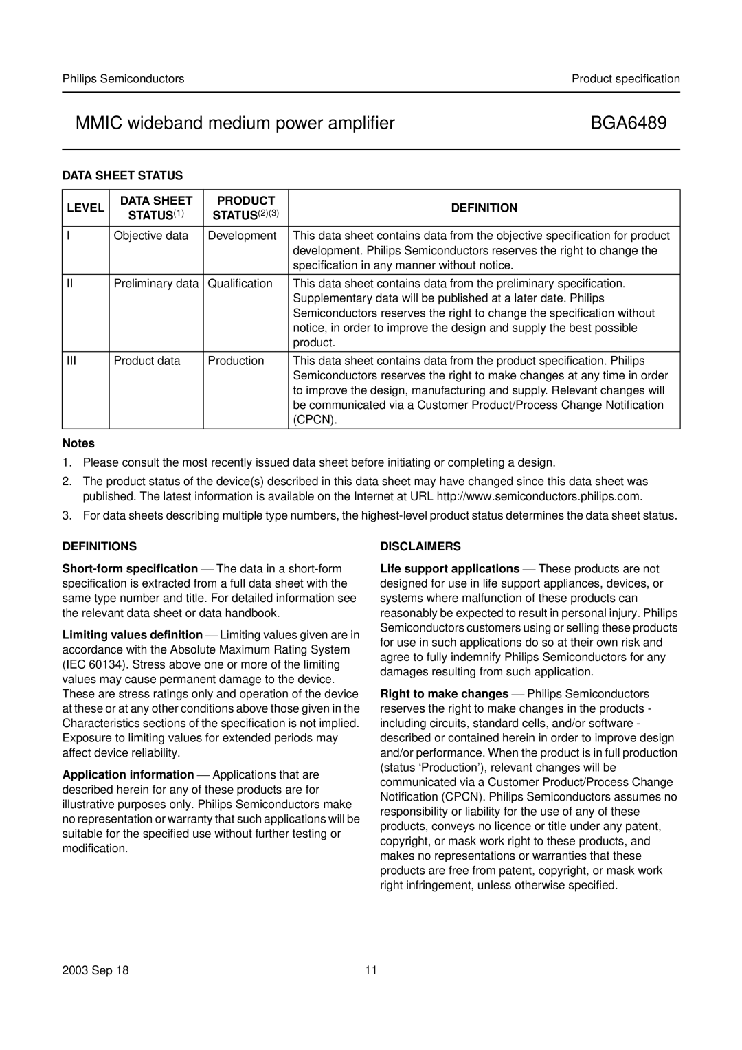 Philips BGA6489 manual Data Sheet Status Level, Definitions, Disclaimers 