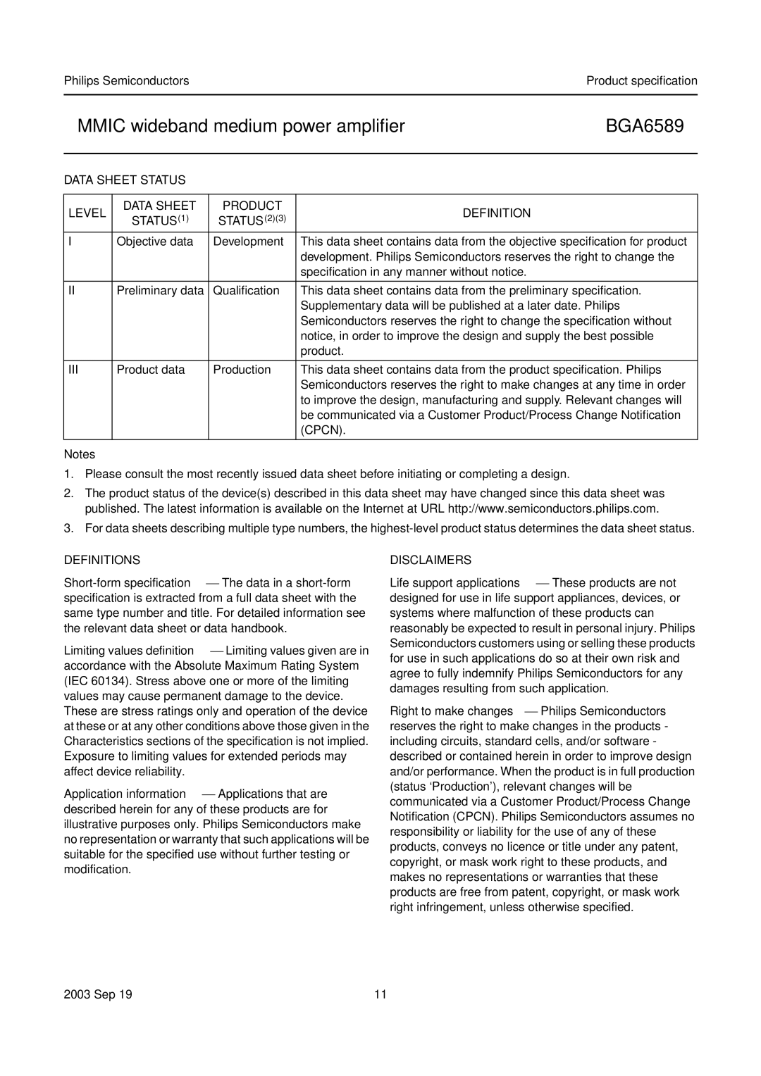 Philips BGA6589 manual Data Sheet Status Level, Definitions, Disclaimers 