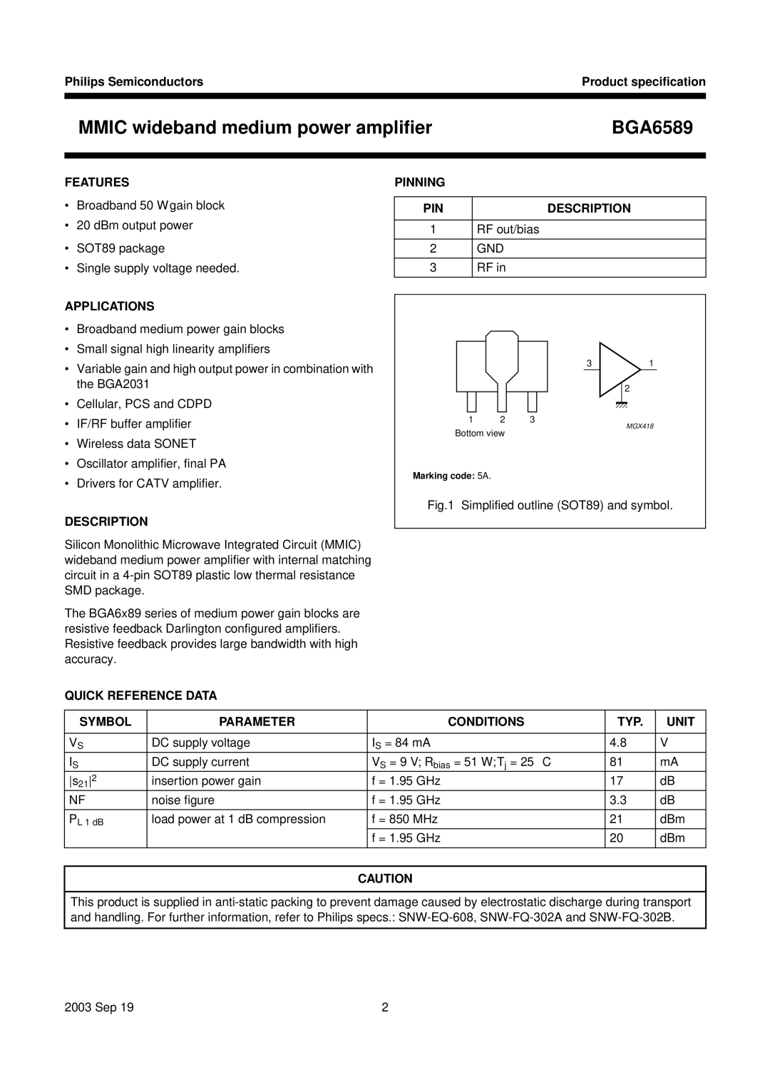 Philips BGA6589 manual Features Pinning, Applications, Description, Quick Reference Data PIN 