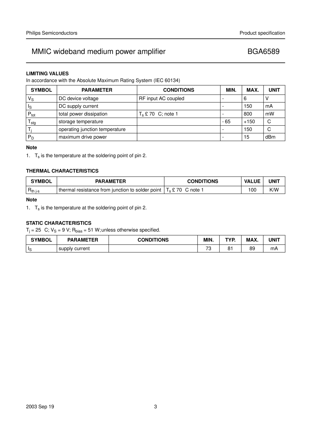 Philips BGA6589 manual Limiting Values, Symbol Parameter Conditions MIN MAX Unit, Static Characteristics 