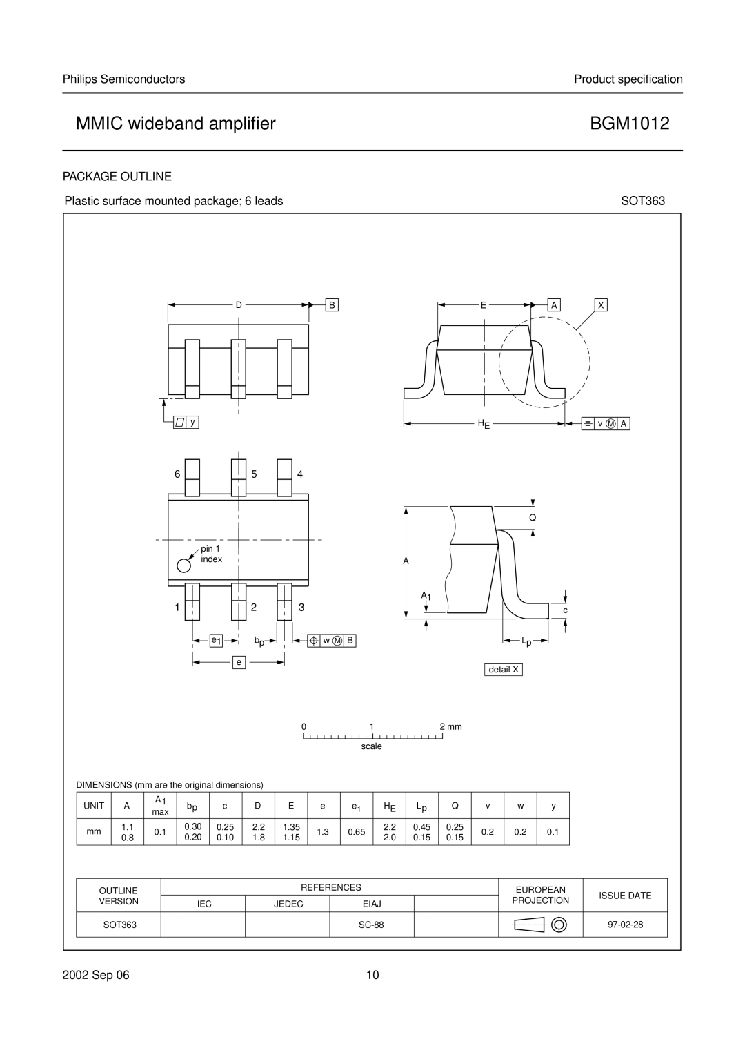 Philips BGM1012 specifications Package Outline, Plastic surface mounted package 6 leads SOT363 