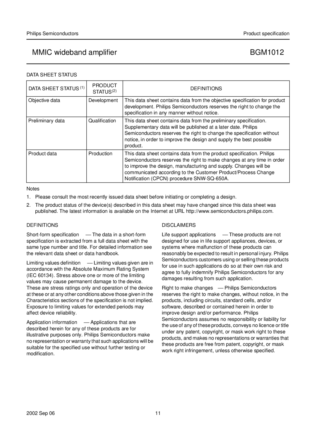 Philips BGM1012 specifications Data Sheet Status, Product Definitions STATUS2, Disclaimers 