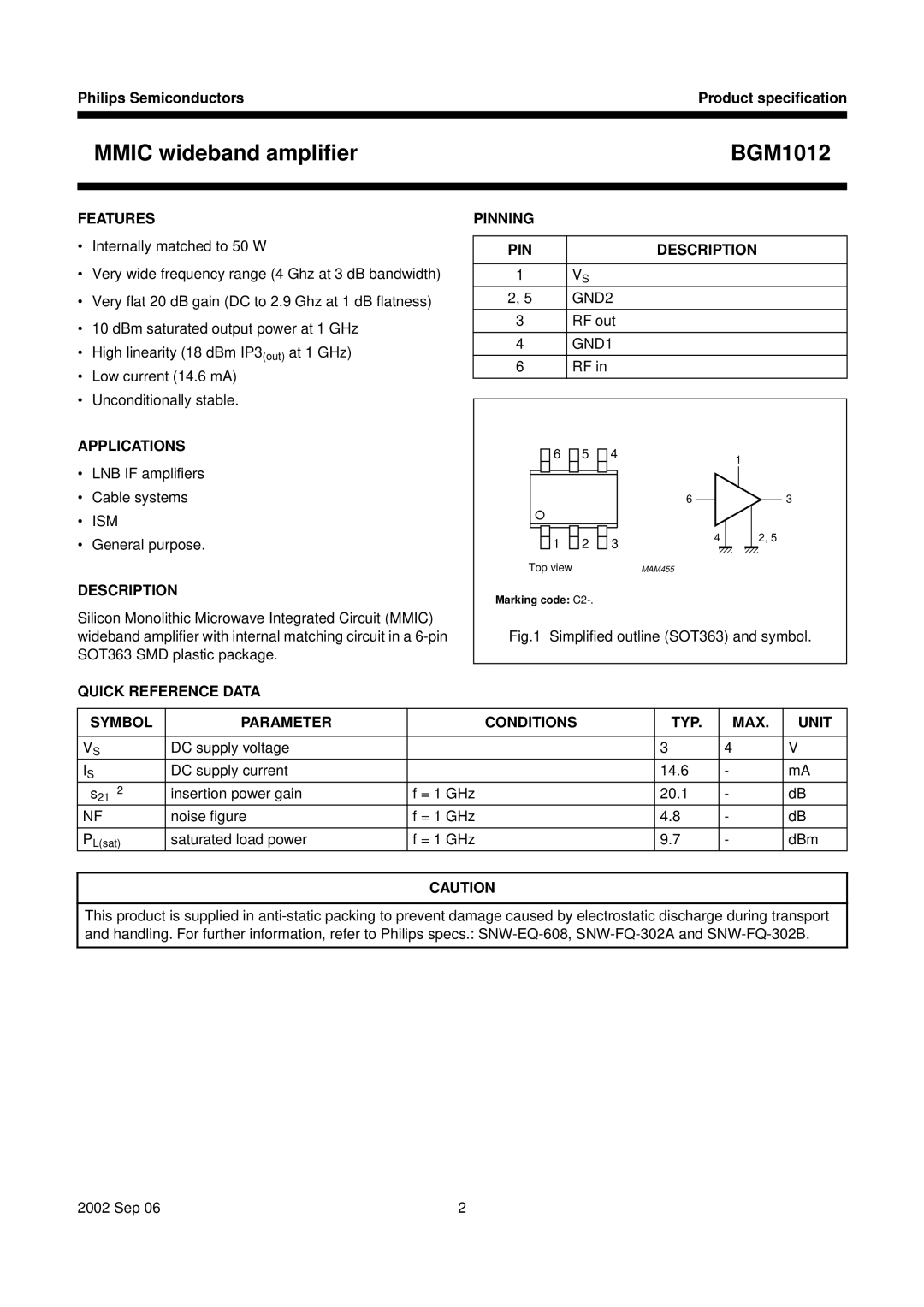 Philips BGM1012 specifications Features, Applications, Quick Reference Data Pinning PIN Description 