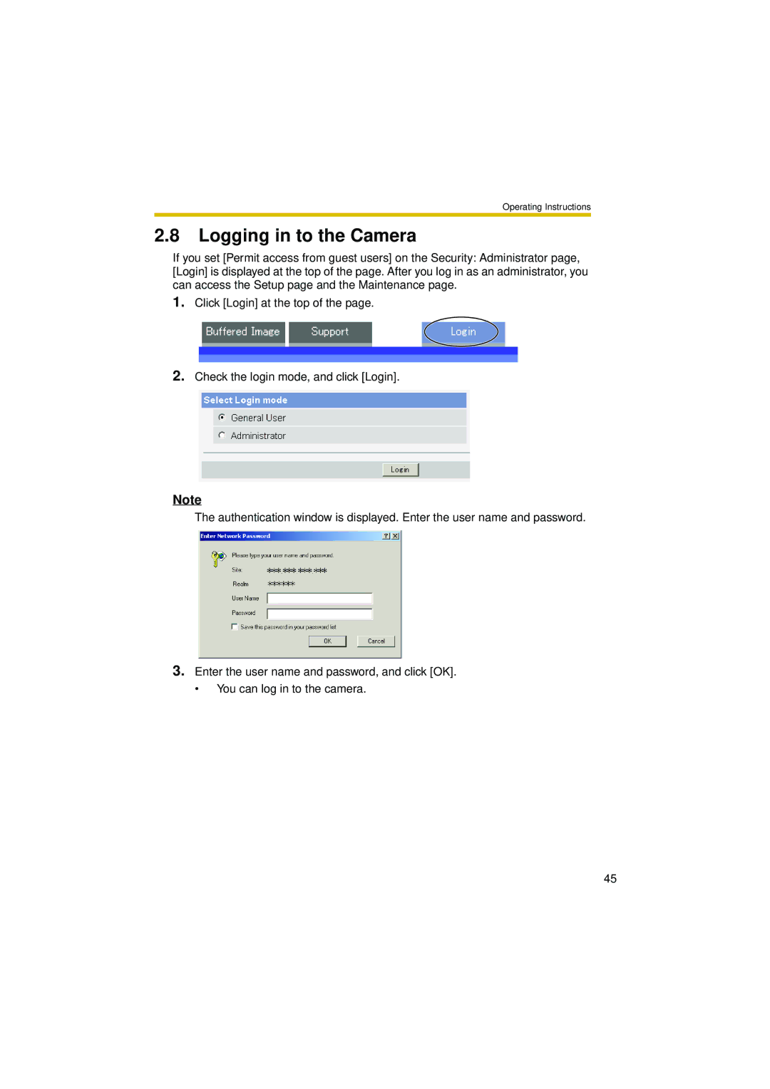 Philips BL-C10 operating instructions Logging in to the Camera 