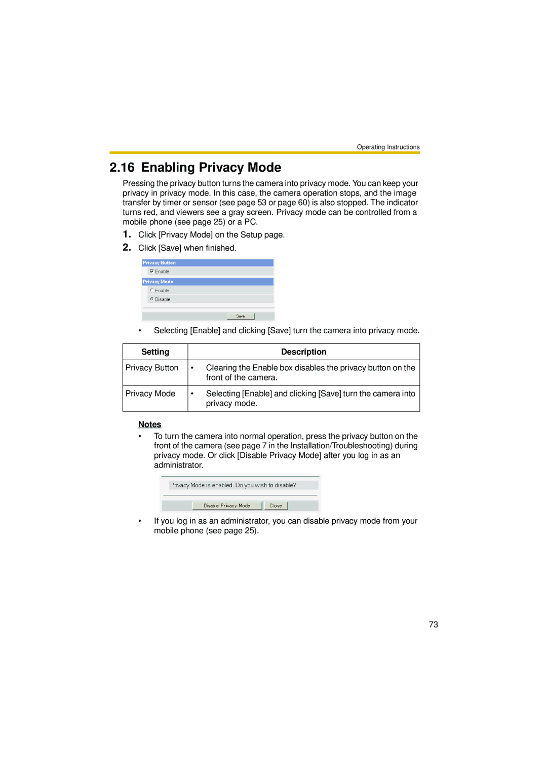 Philips BL-C10 operating instructions Enabling Privacy Mode, Setting Description 