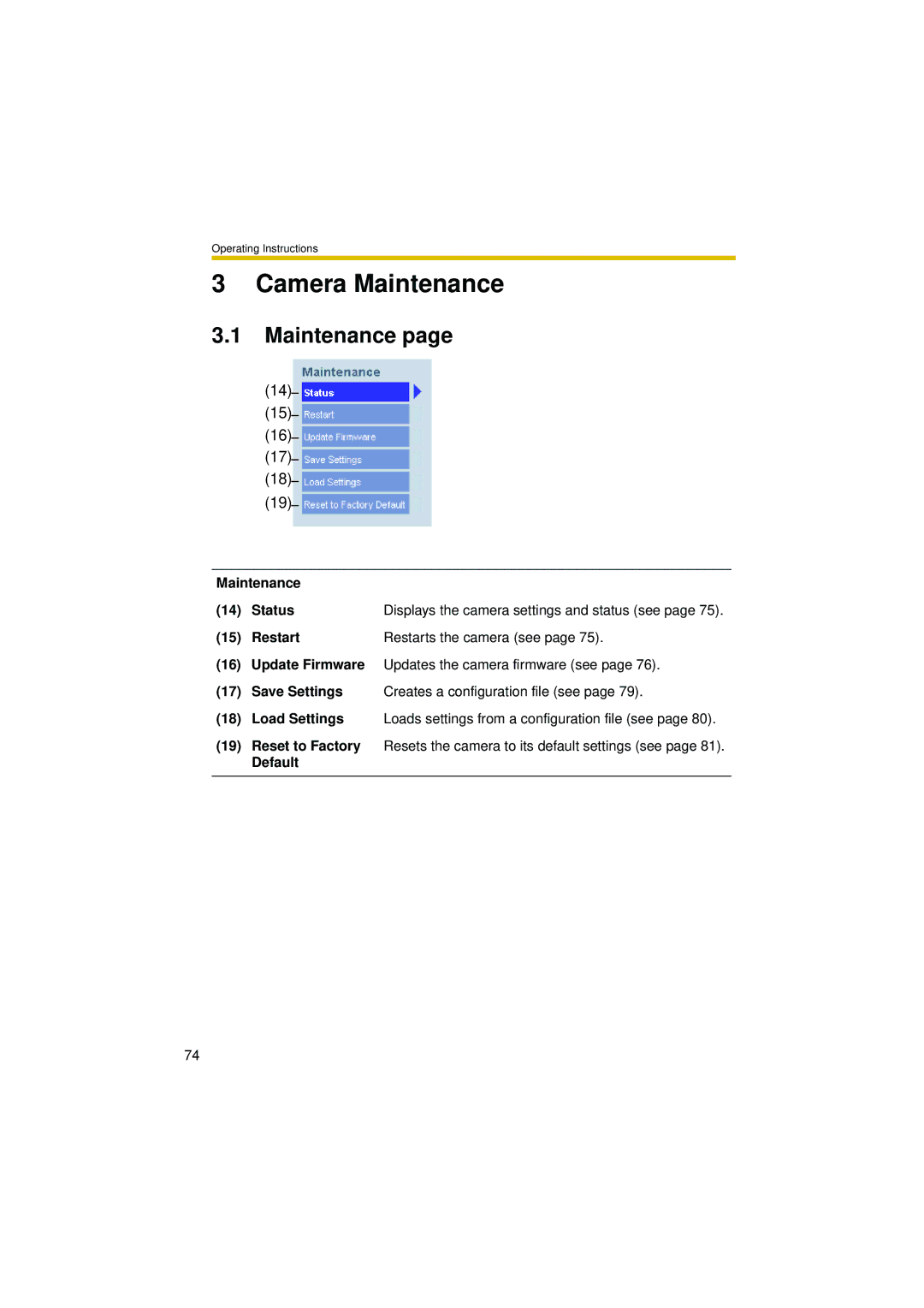 Philips BL-C10 operating instructions Maintenance Status, Restart Restarts the camera see, Default 