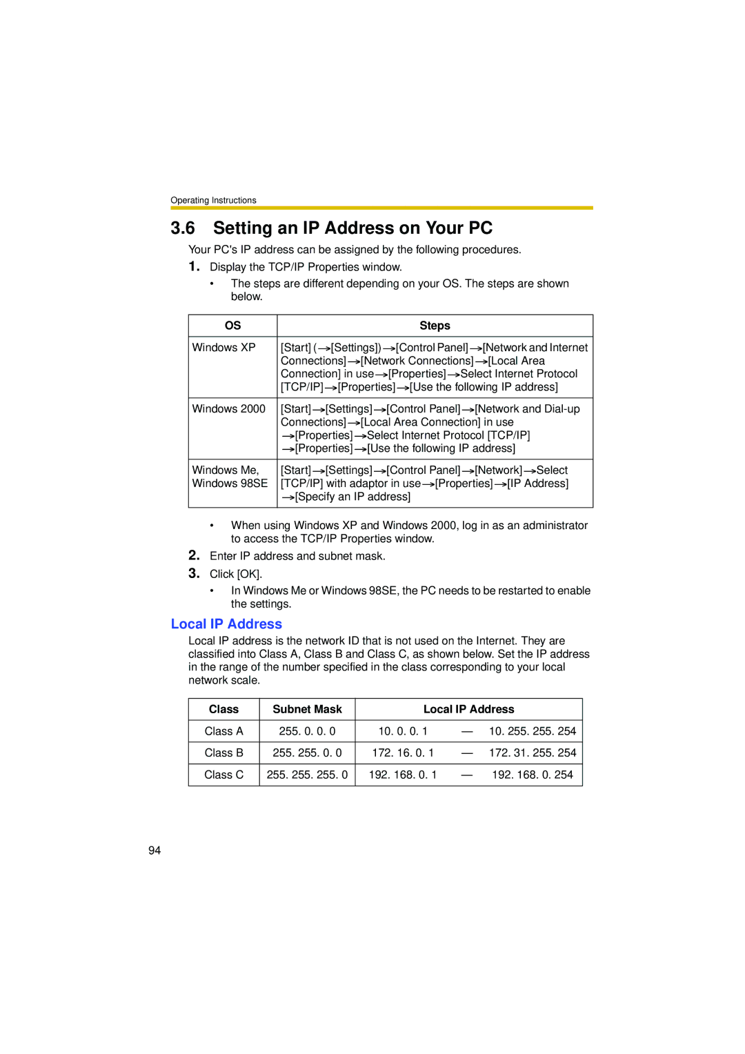 Philips BL-C10 operating instructions Setting an IP Address on Your PC, Steps, Class Subnet Mask Local IP Address 