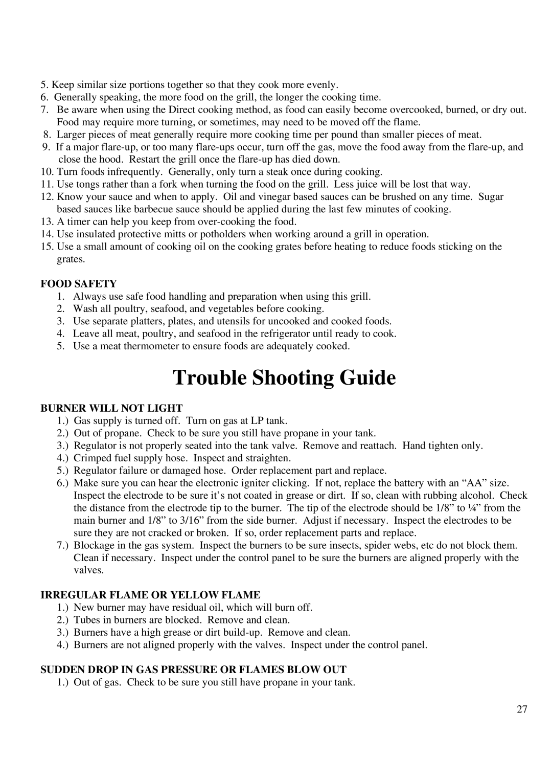 Philips BQ04022 manual Trouble Shooting Guide, Food Safety, Burner will not Light, Irregular Flame or Yellow Flame 