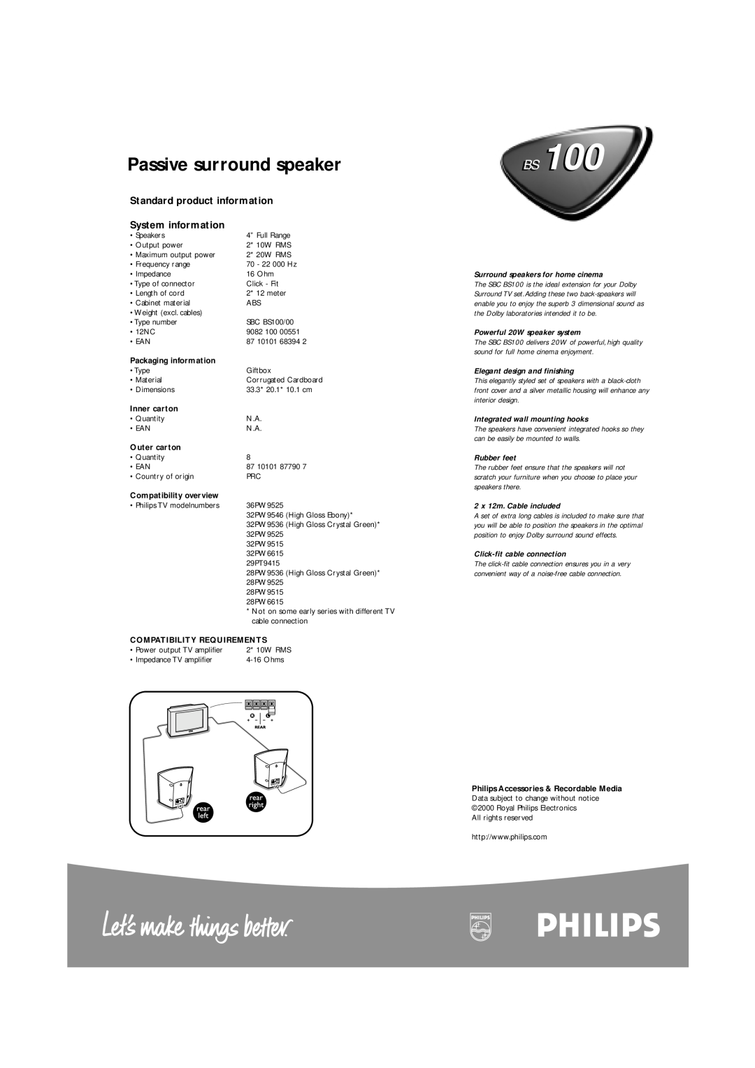 Philips BS100 manual Passive surround speaker, Standard product information System information, Packaging information 
