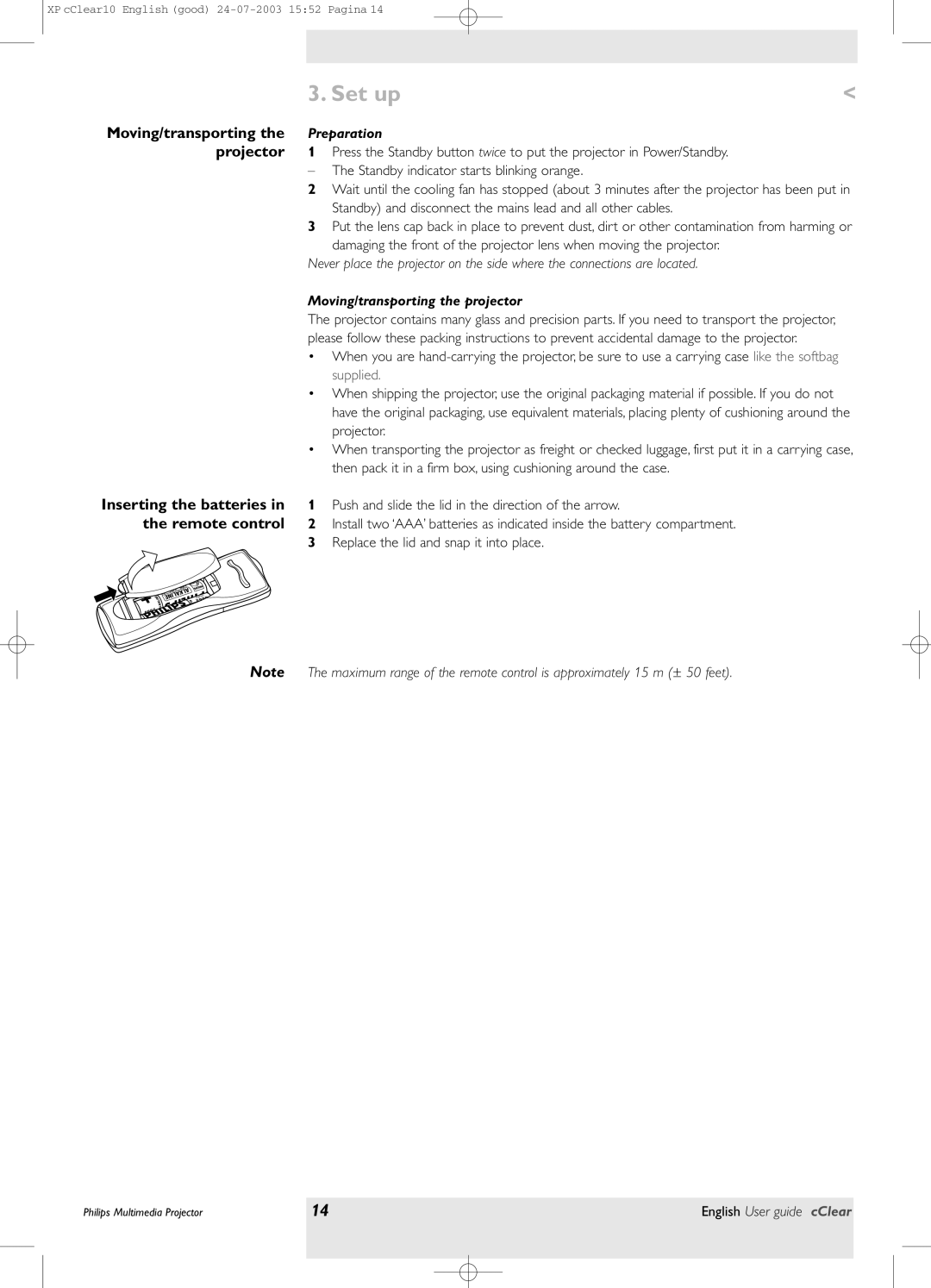 Philips bSure 1 manual the remote control, Set up, Preparation, Moving/transporting the projector 