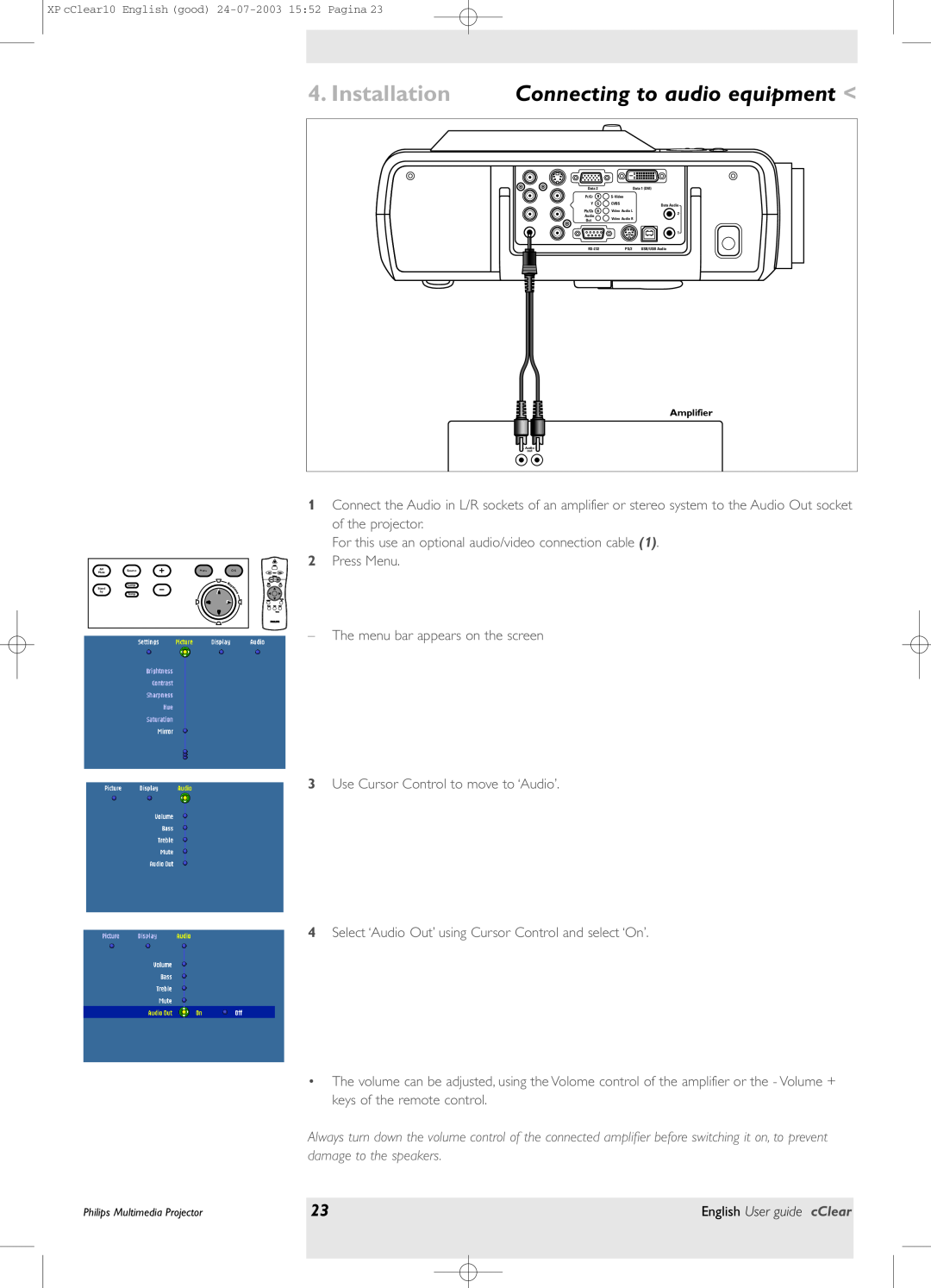 Philips bSure 1 manual Installation Connecting to audio equipment 