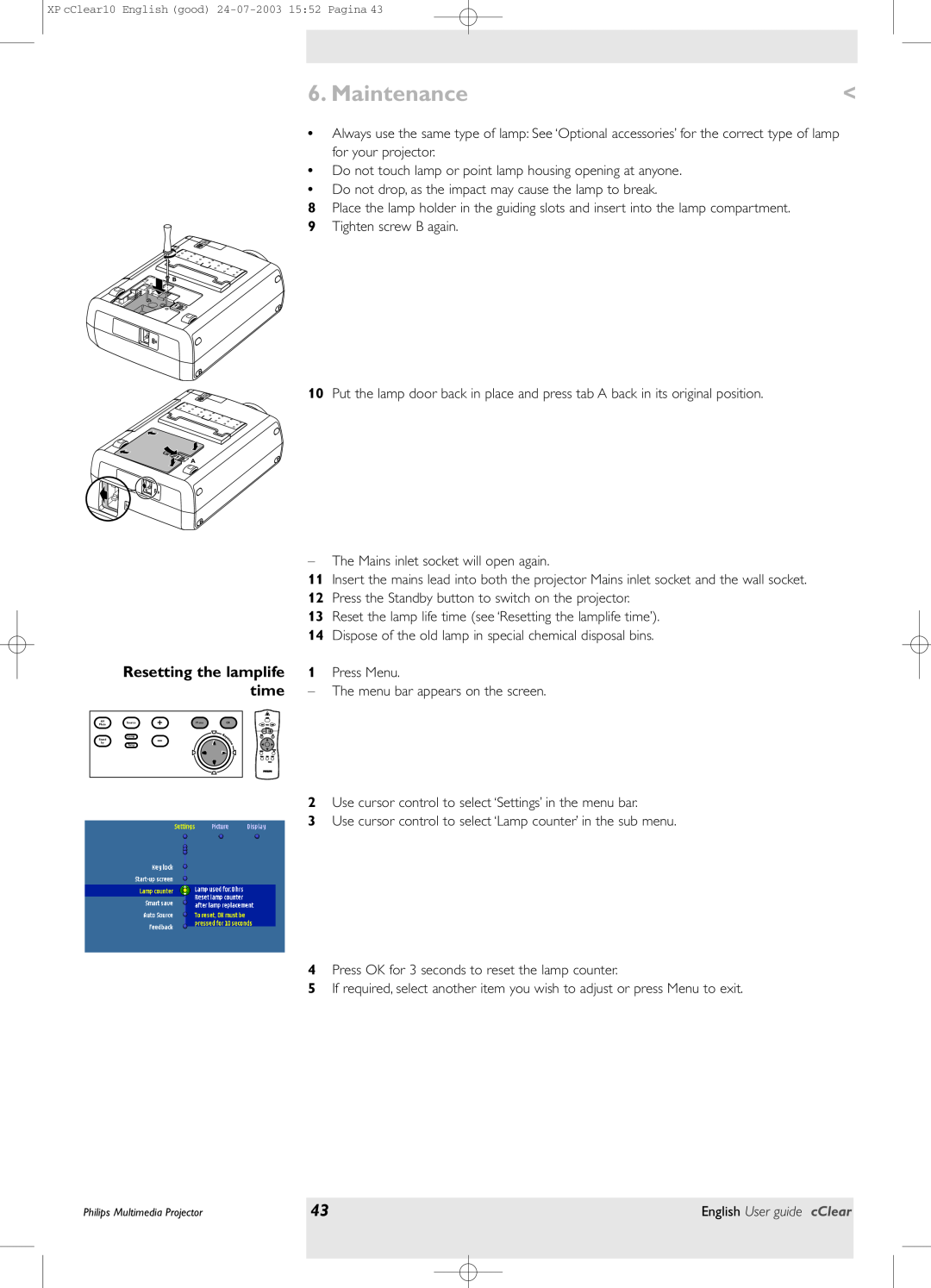Philips bSure 1 manual time, Maintenance, Resetting the lamplife, Press Menu 
