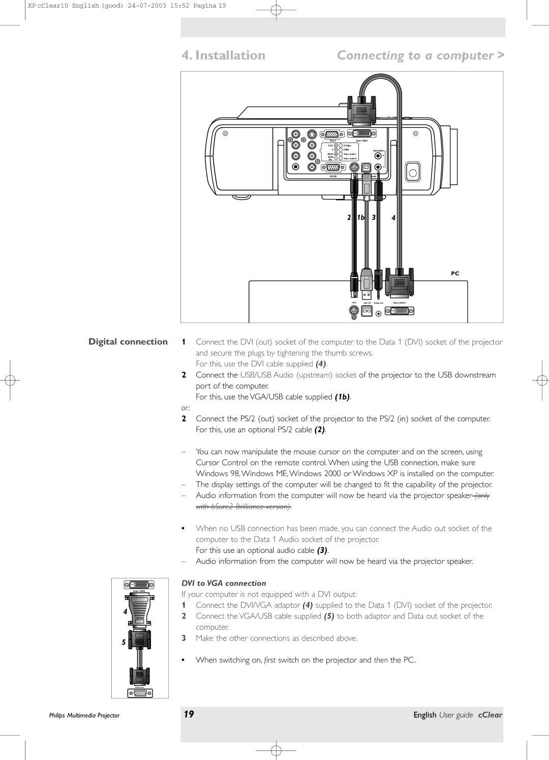 Philips bSure 1 manual InstallationConnecting to a computer, DVI to VGA connection 